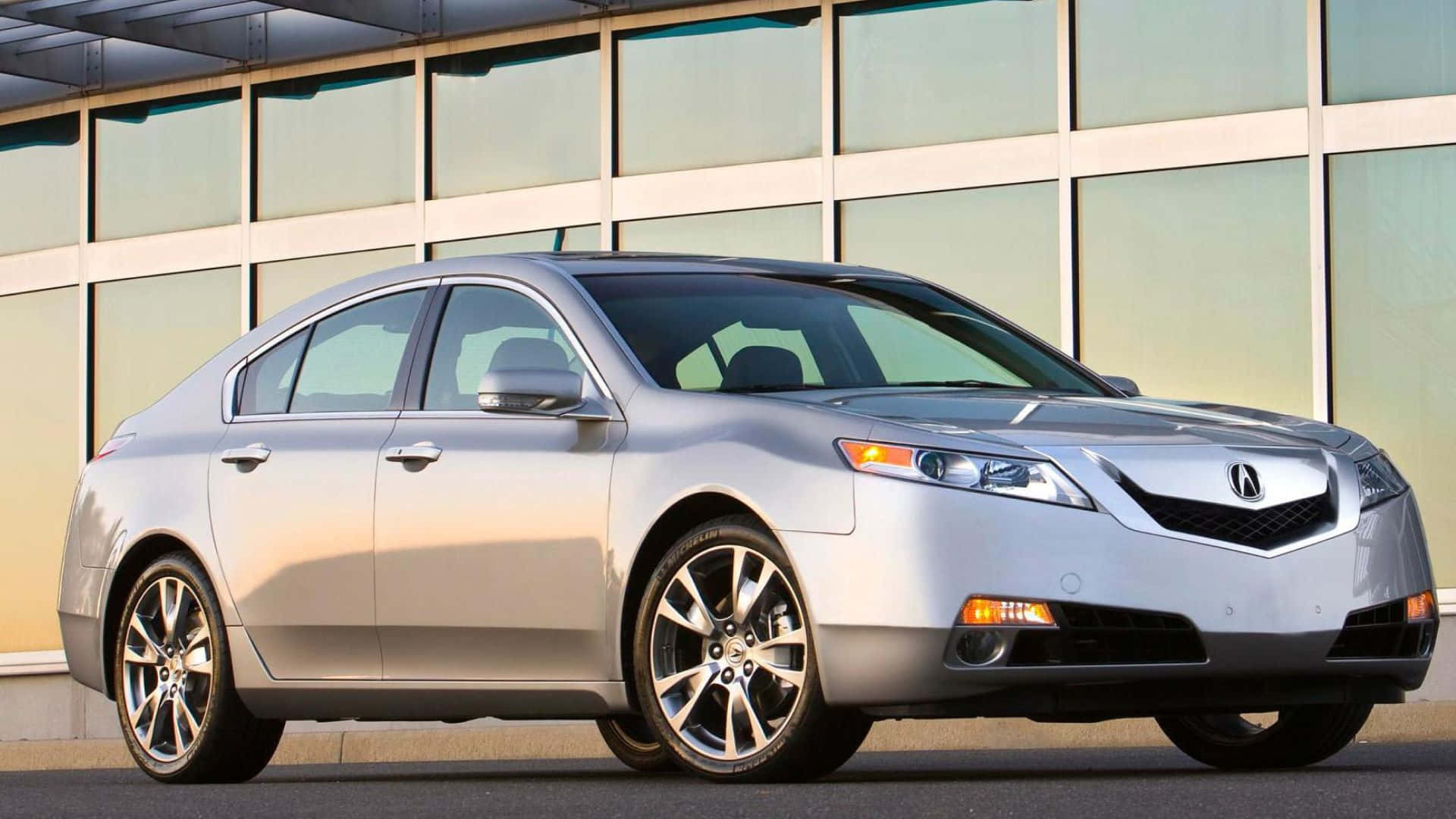 Acura TL, silver, modern glass building, Full HD Desktop Wallpaper