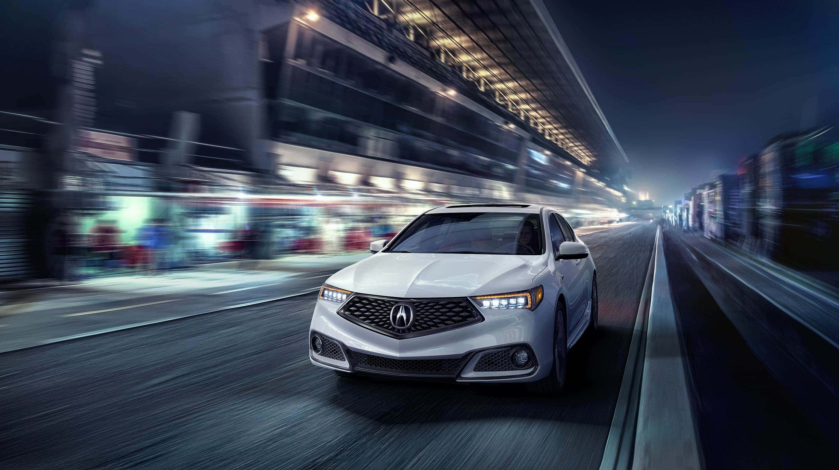 Acura TLX, neon-lit urban tunnel, night, 2K Desktop Wallpaper