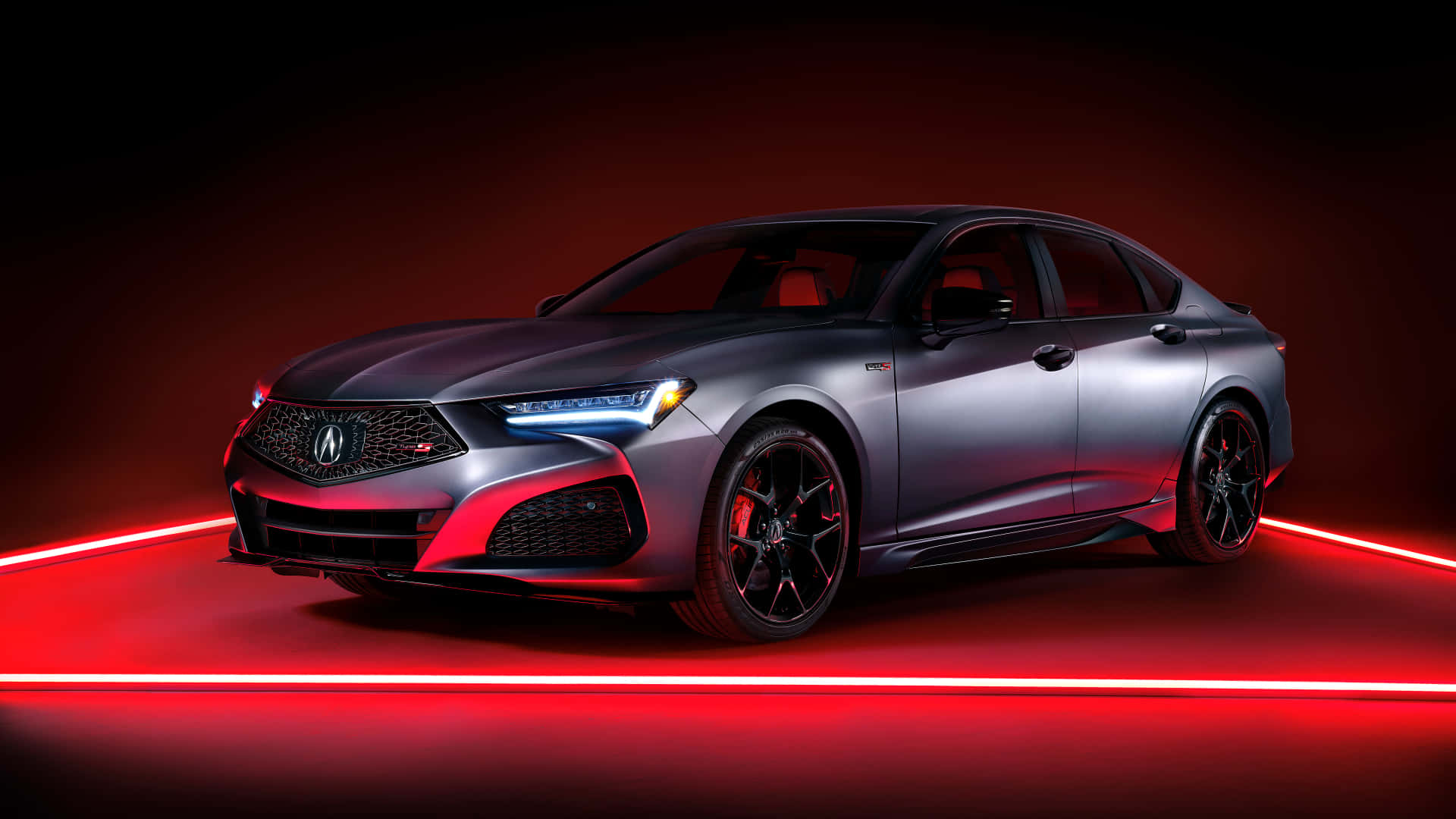 Acura TLX, matte gray, vibrant red neon lights, Full HD Desktop Wallpaper