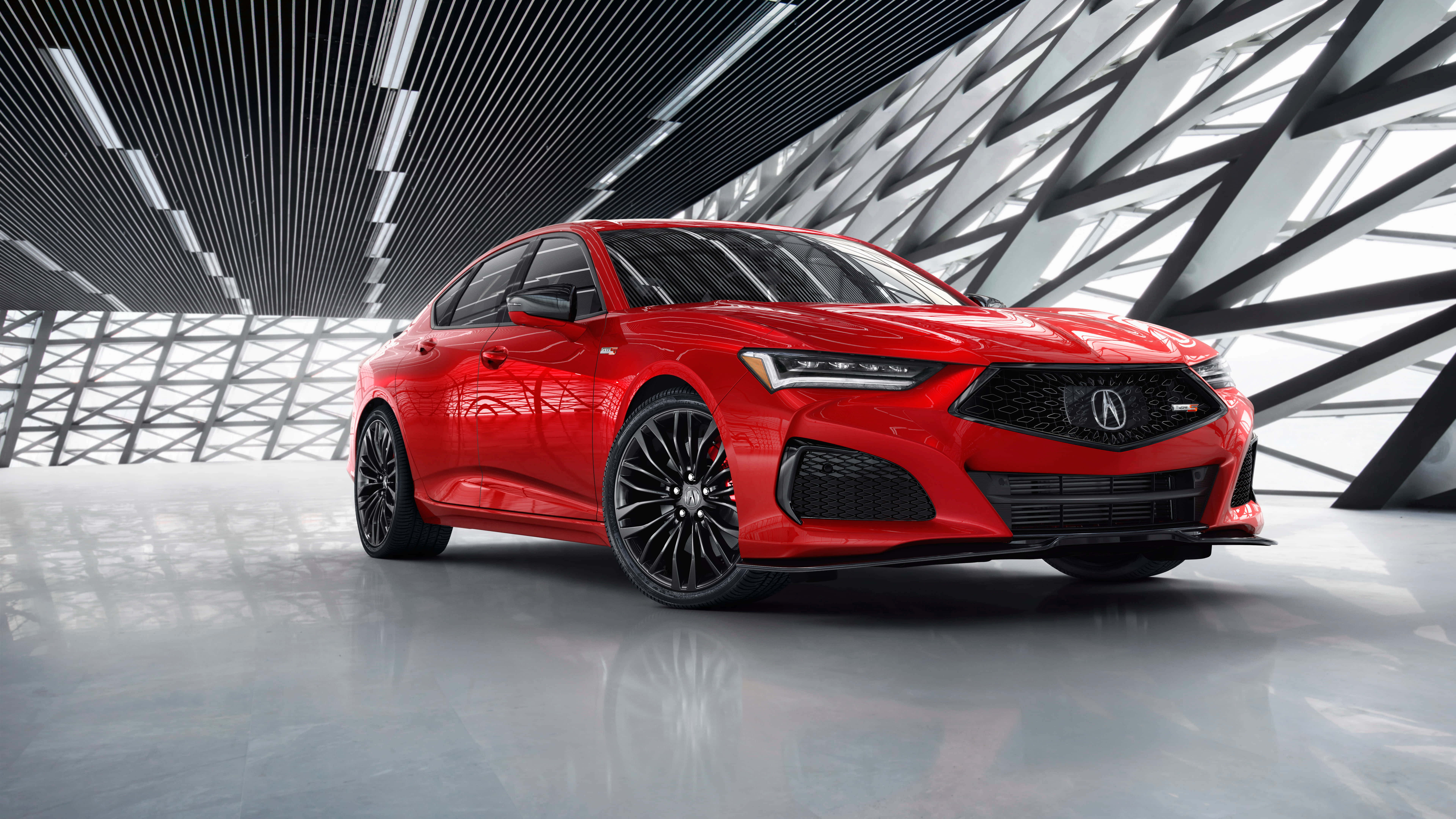 Acura TLX, vibrant red, futuristic geometric glass and steel structure, 8K Desktop Wallpaper