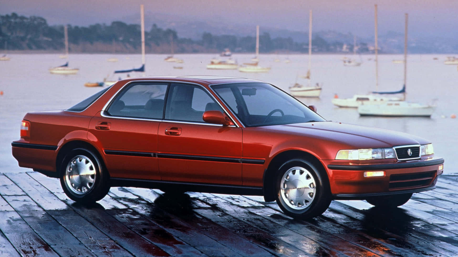 Red Acura Vigor, wet wooden dock, glossy red sedan, Full HD Desktop Wallpaper