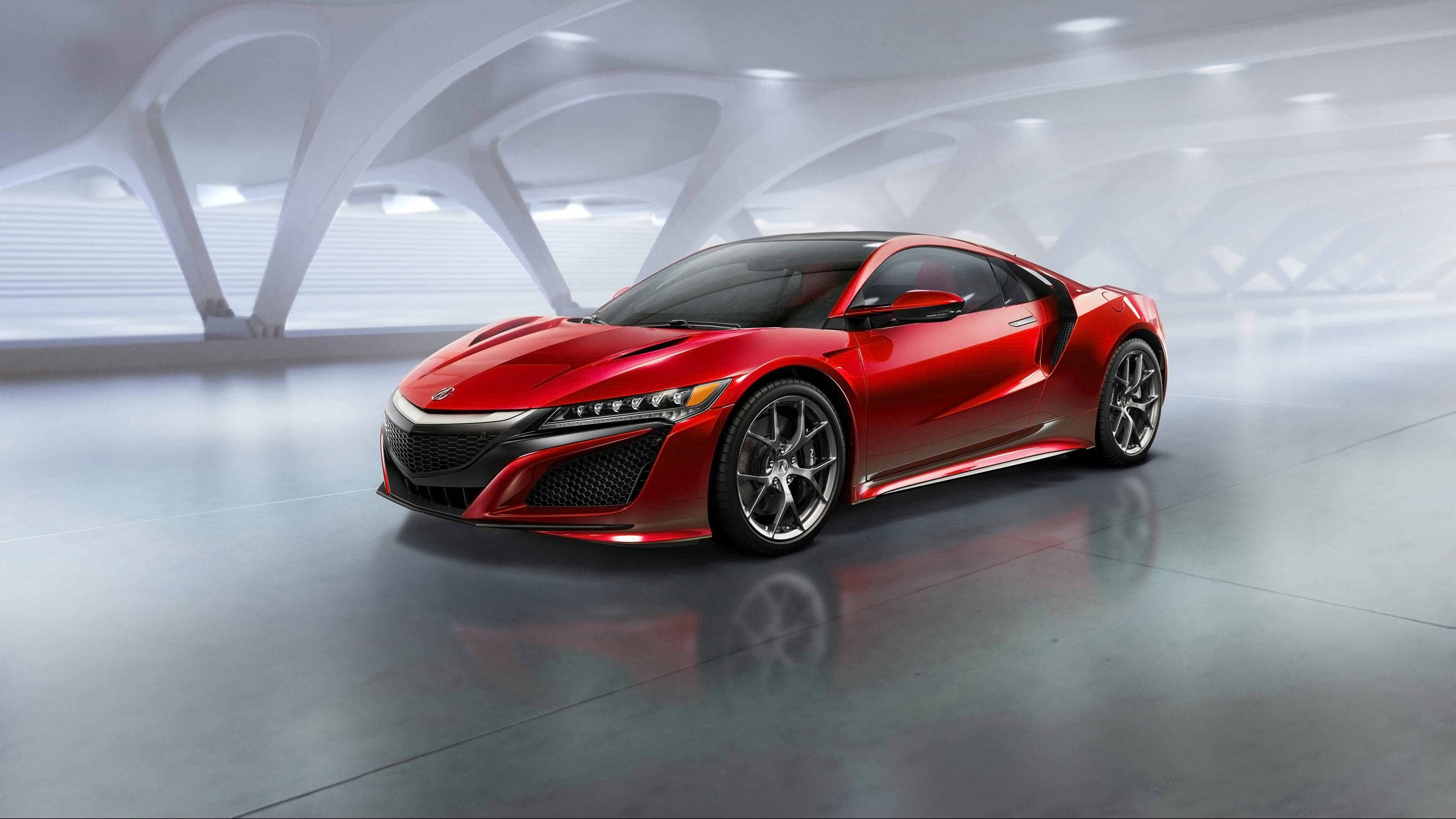 Acura, shiny red sports car, futuristic white vaulted garage, 2K Desktop Wallpaper
