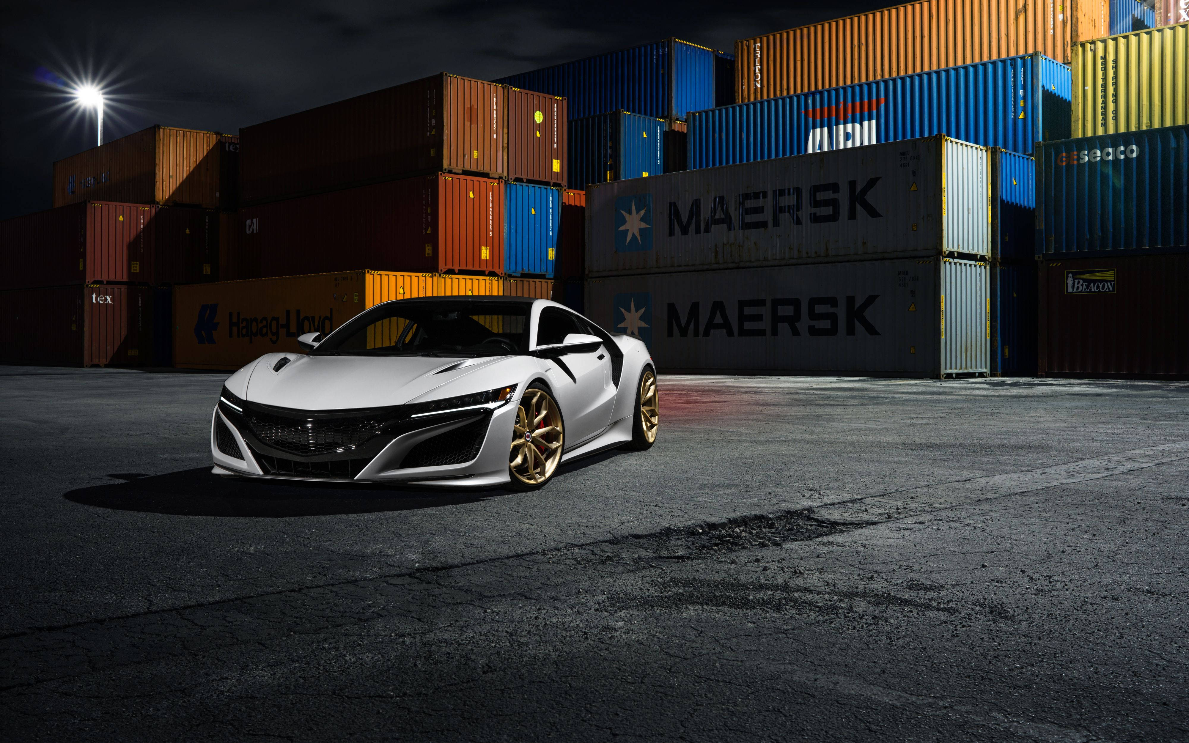 Acura, white sports car, gold rims, 4K Desktop Wallpaper