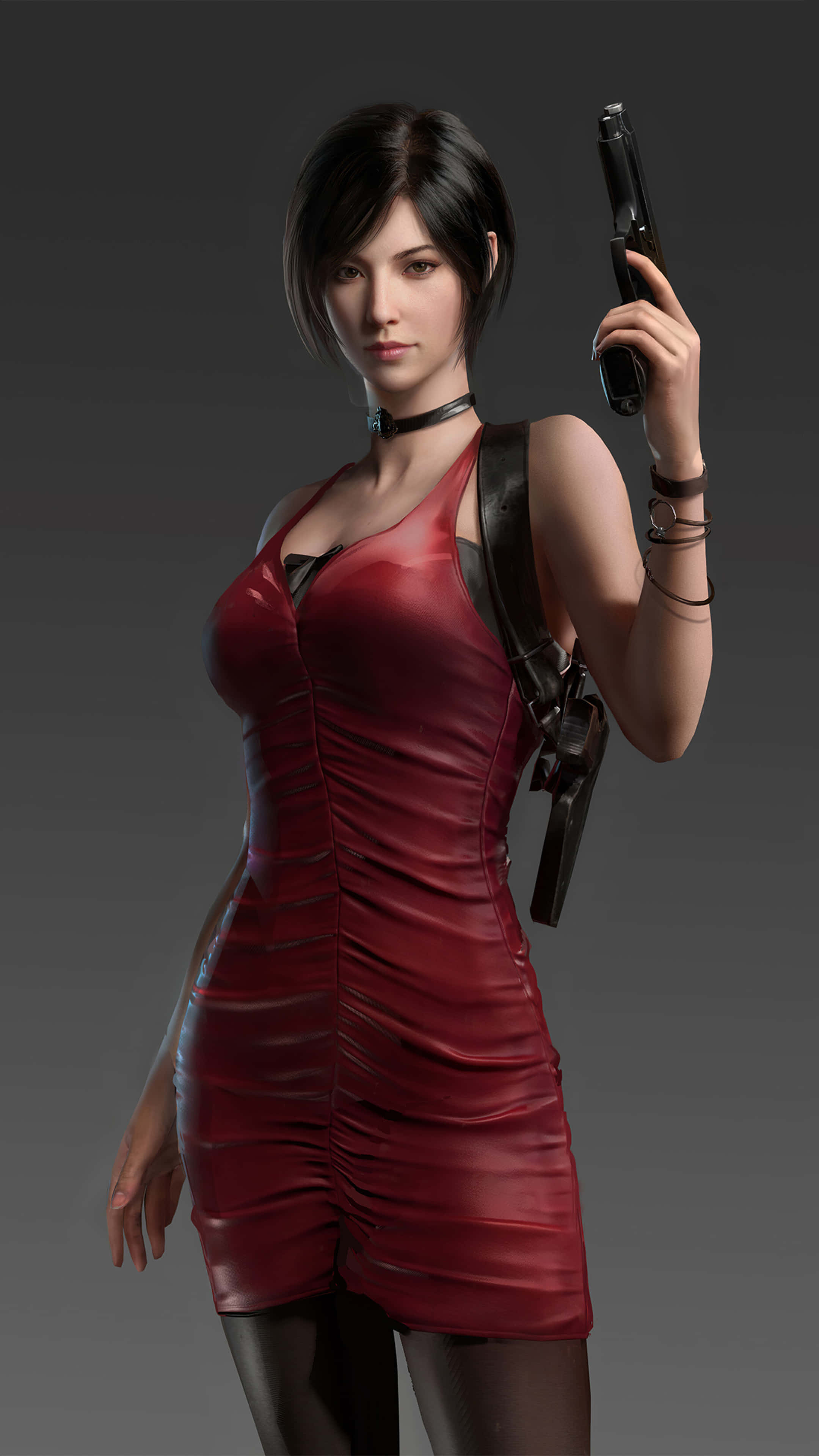 Ada Wong, red leather dress, pistol, 4K Phone Wallpaper