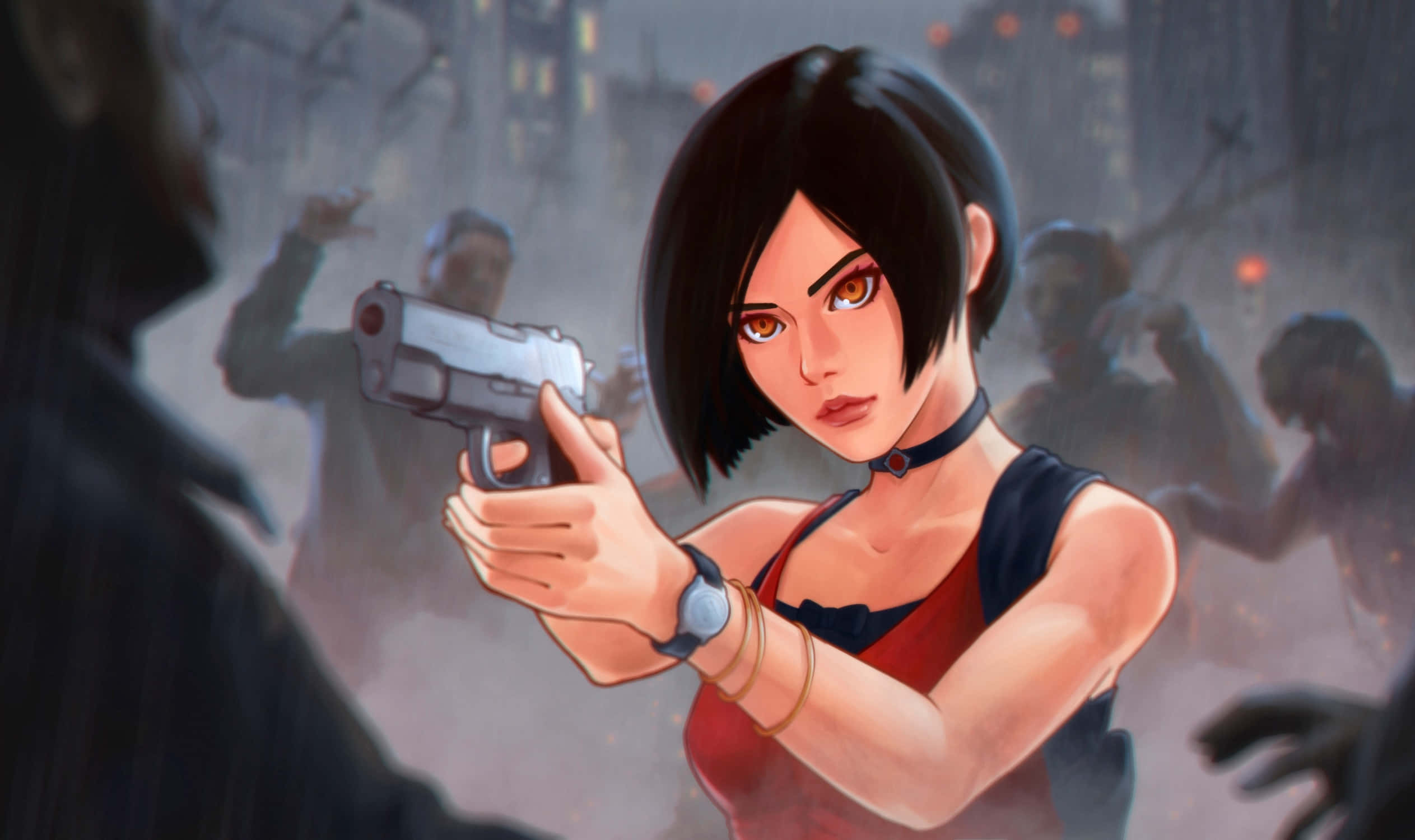 Ada Wong, short black hair, pistol, Full HD Desktop Wallpaper