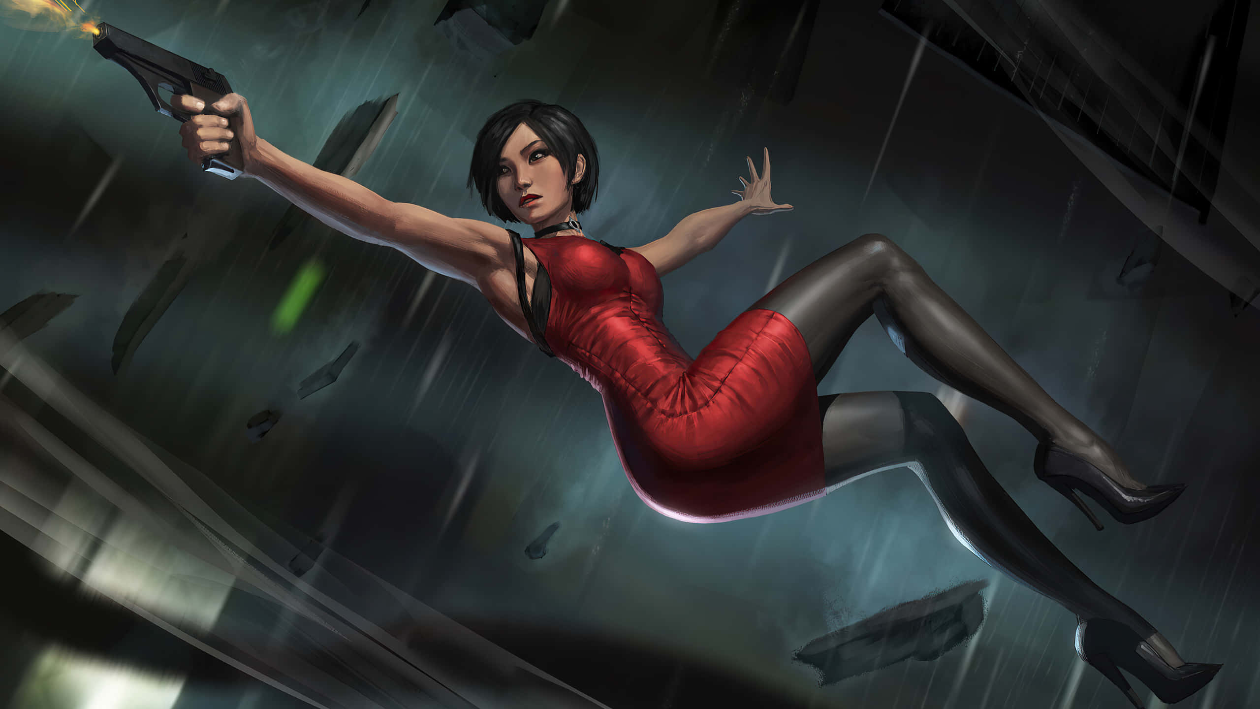 Ada Wong, red dress, black heels, 2K Desktop Wallpaper
