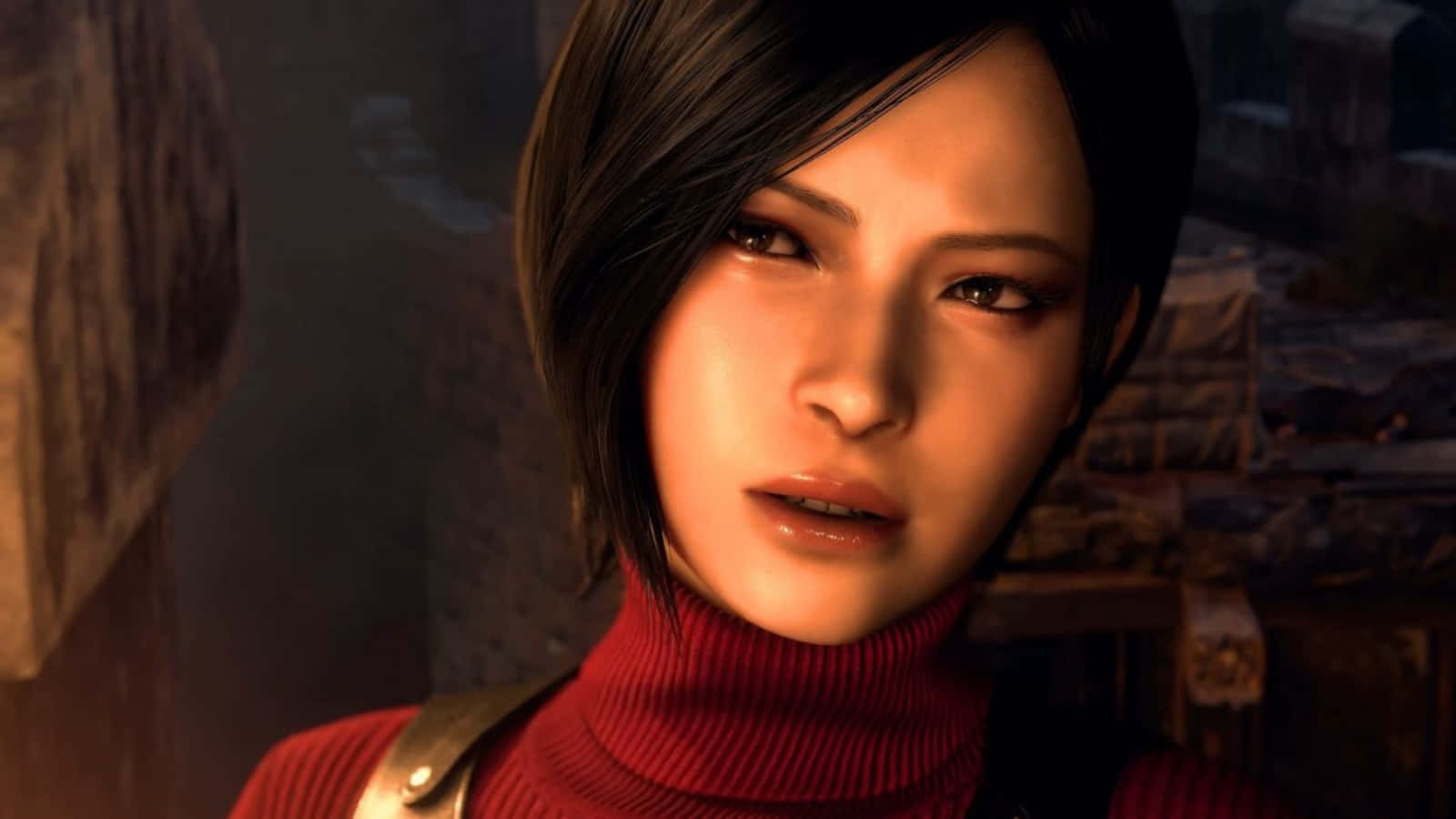 Ada Wong, red turtleneck, dimly lit stone corridor, HD Desktop Wallpaper