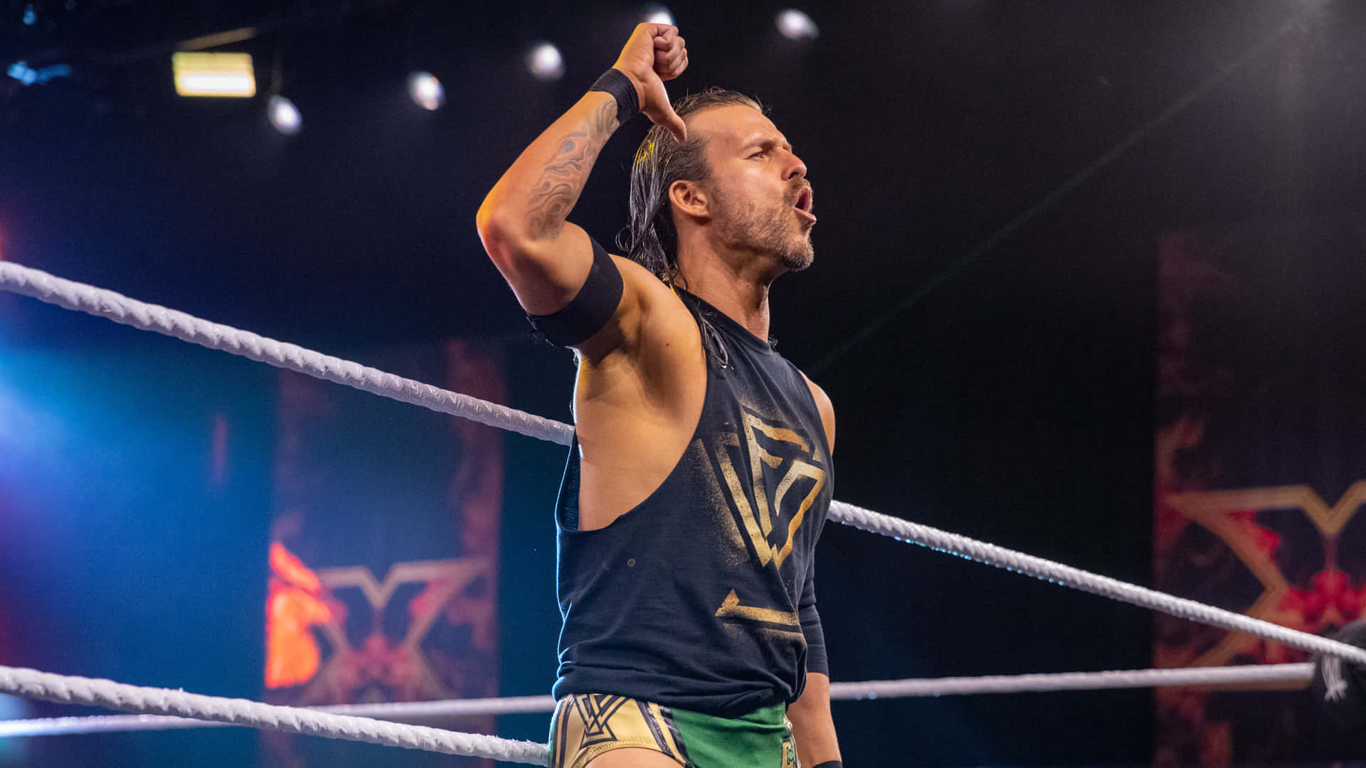 Adam Cole, black and gold singlet, brightly lit ring, Full HD Desktop Wallpaper
