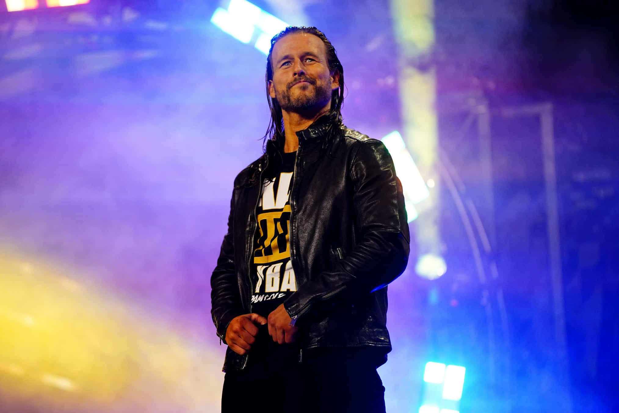 Adam Cole, black leather jacket, vibrant stage lights, Full HD Desktop Wallpaper