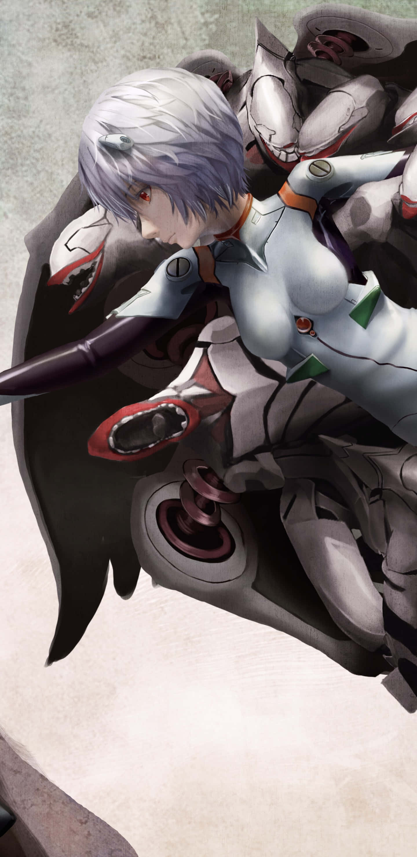 Adam Evangelion, silver-haired anime girl, white and red armored suit, 2K Phone Wallpaper