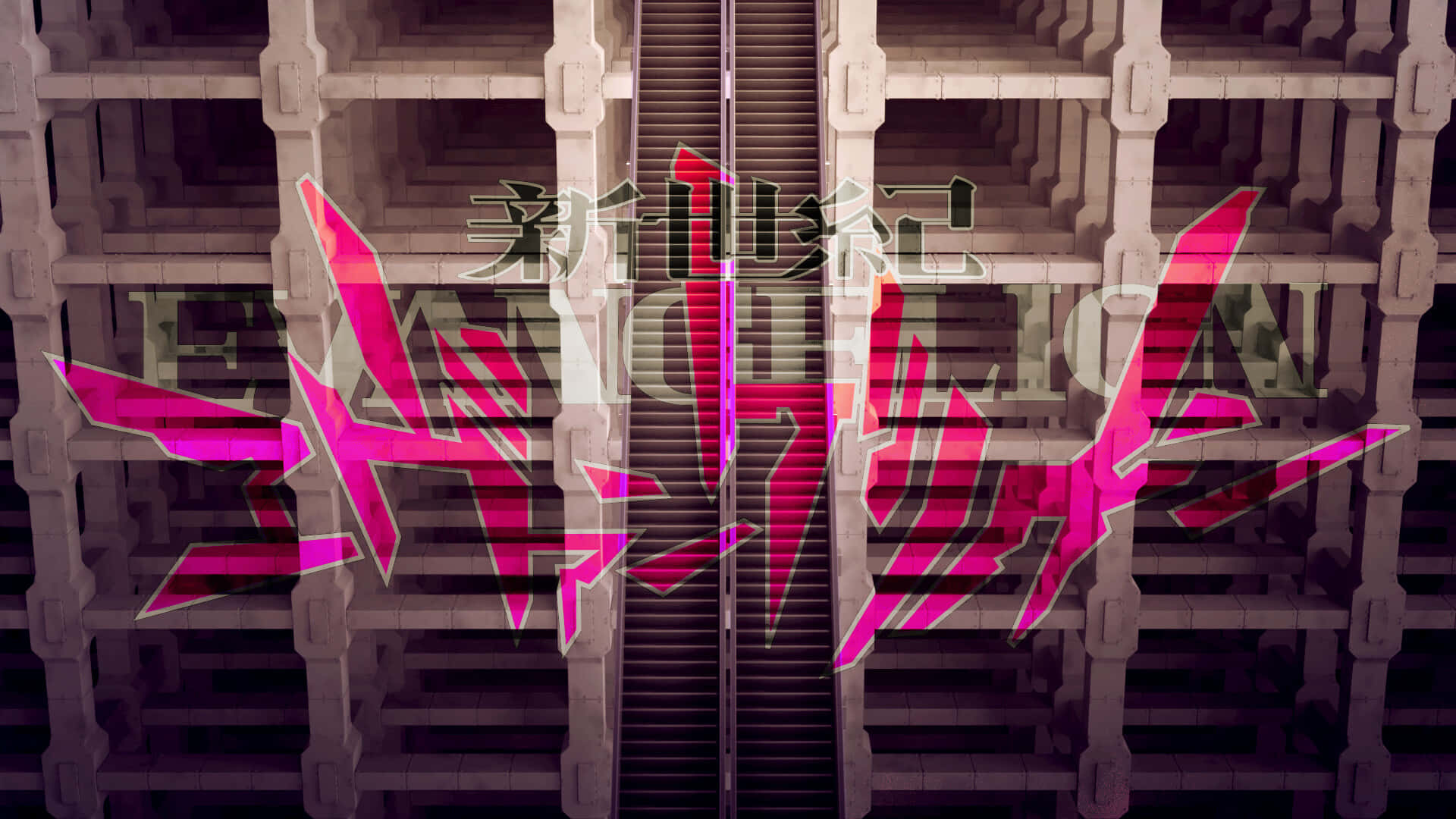 Adam Evangelion, pink jagged text, monochrome industrial staircase, Full HD Desktop Wallpaper