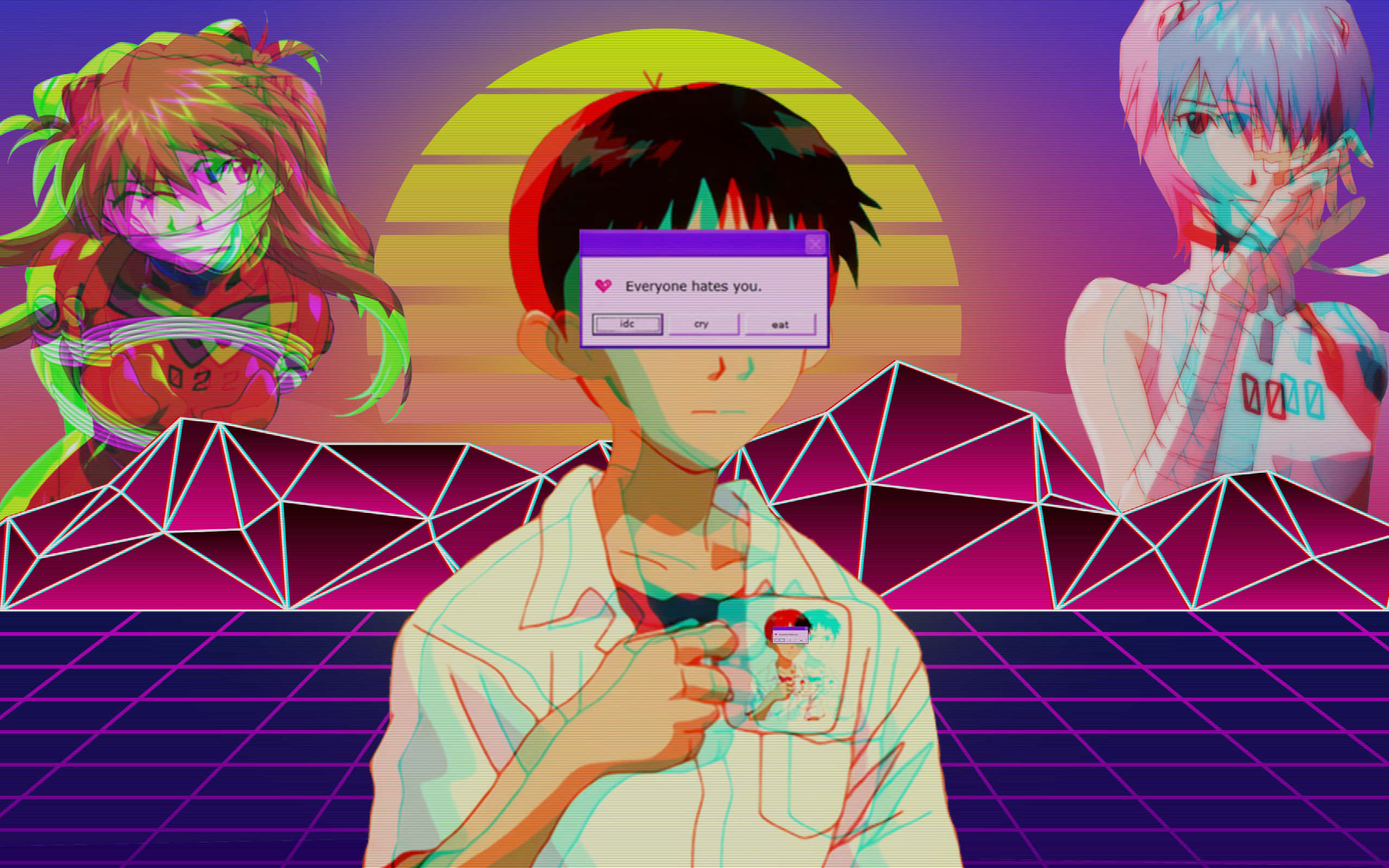 Adam Evangelion, neon-drenched, geometric sunset, 2K Desktop Wallpaper