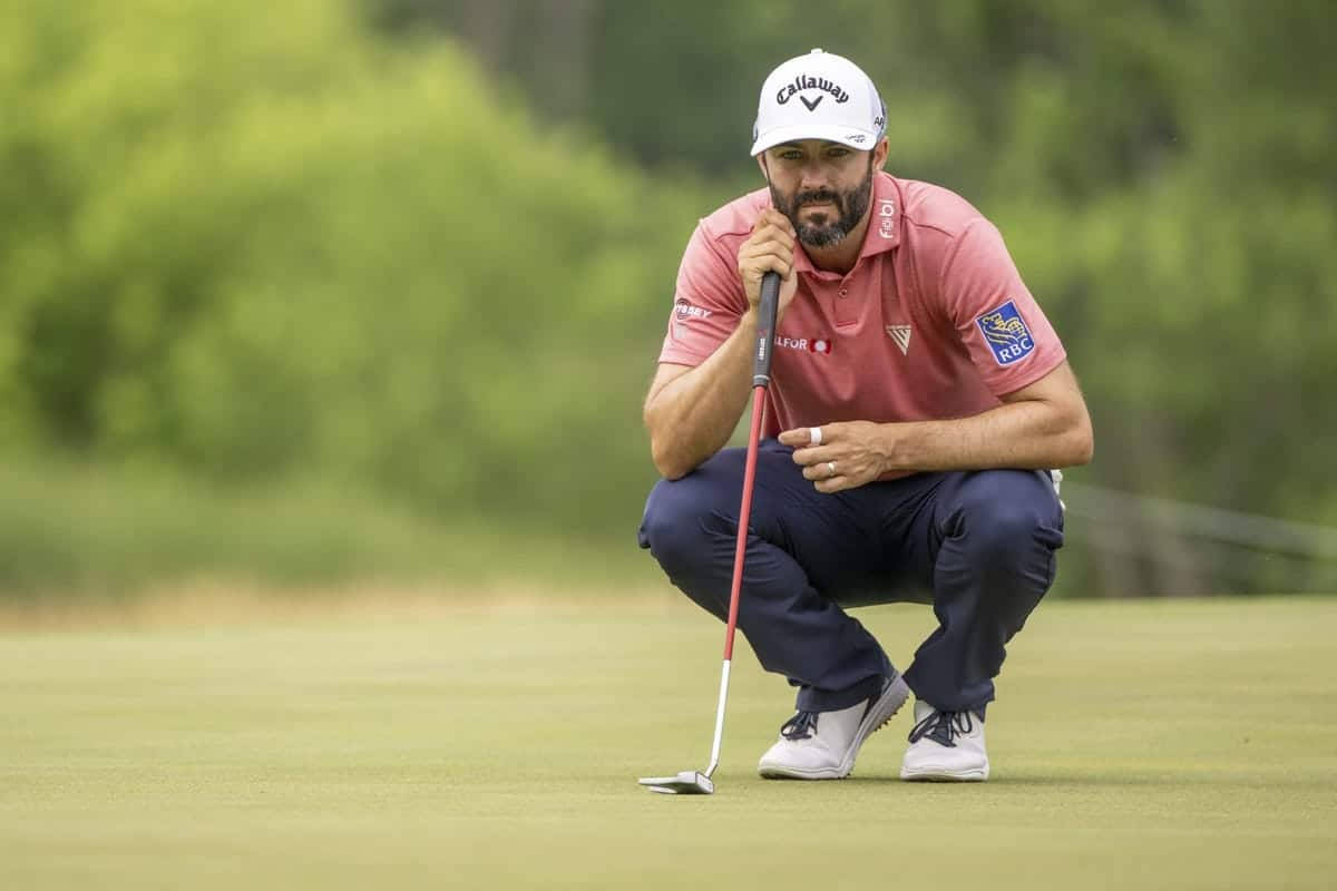 Adam Hadwin, pink shirt, putter, SD Desktop Wallpaper