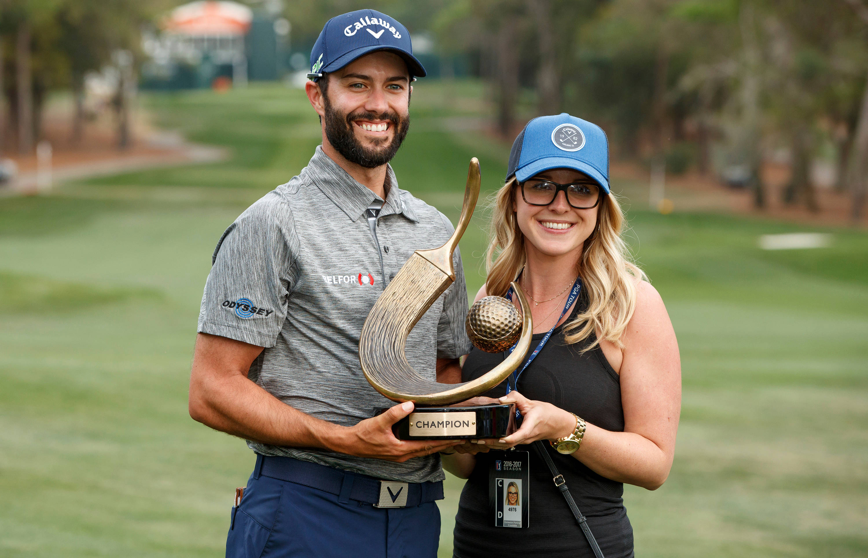 Adam Hadwin, golden trophy, lush green golf course, 2K Desktop Wallpaper