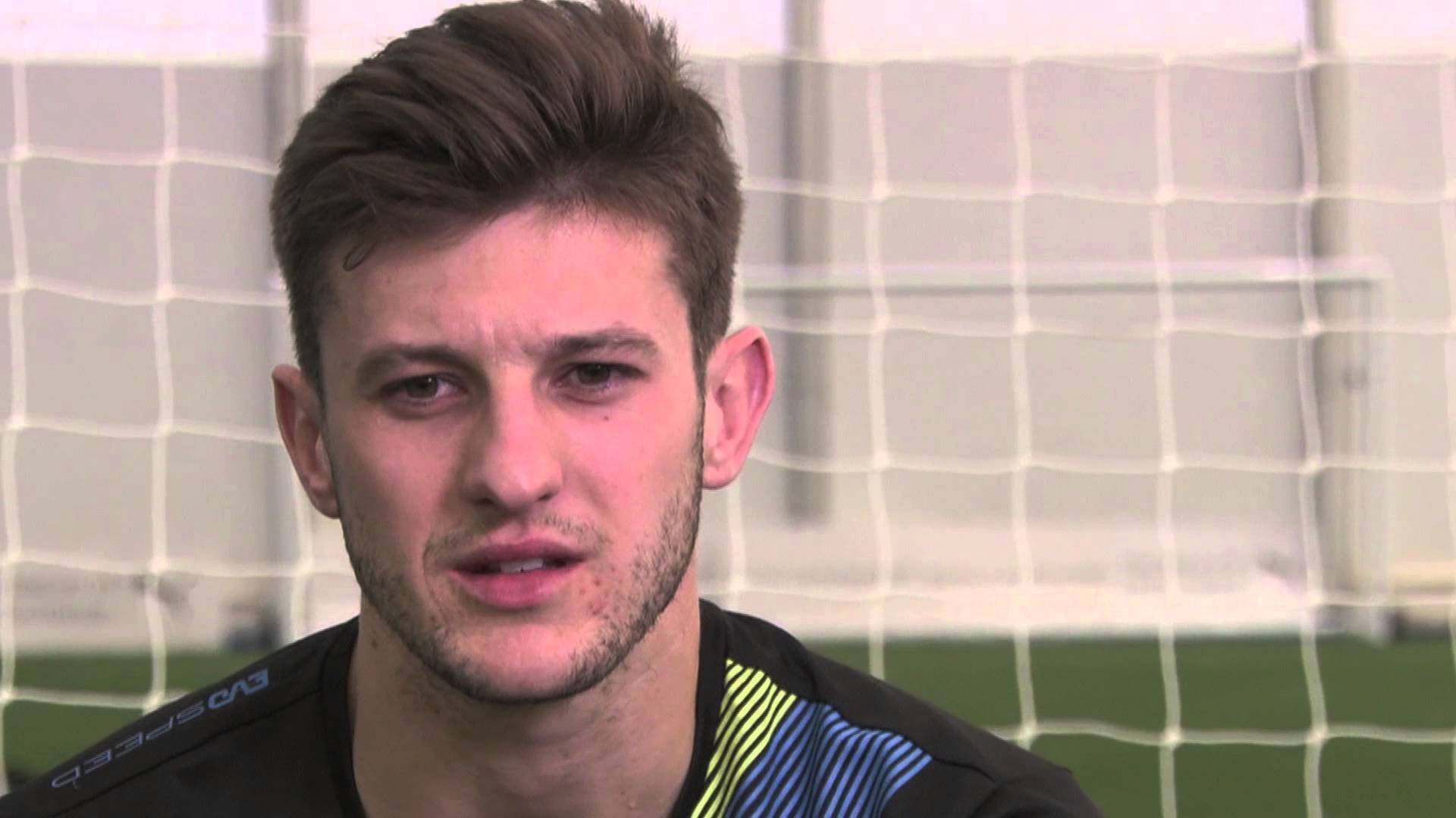 Adam Lallana, black and blue jersey, goal net, Full HD Desktop Wallpaper
