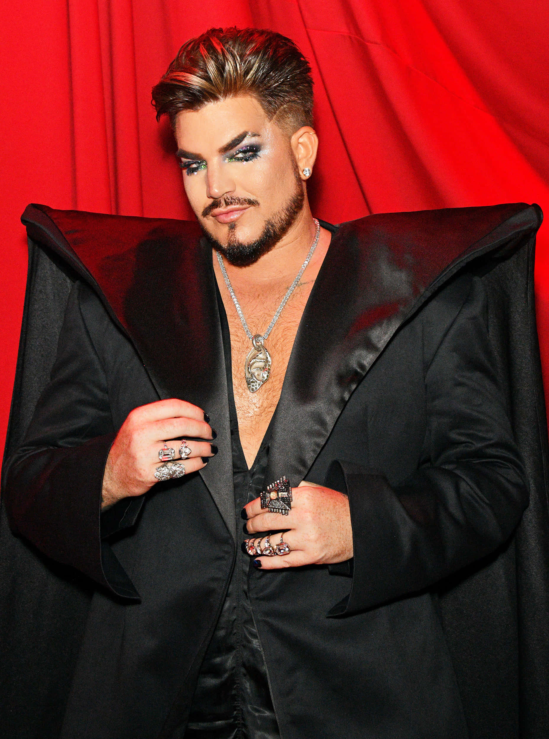 adam lambert, black satin cape, heavy jewelry, Full HD Phone Wallpaper