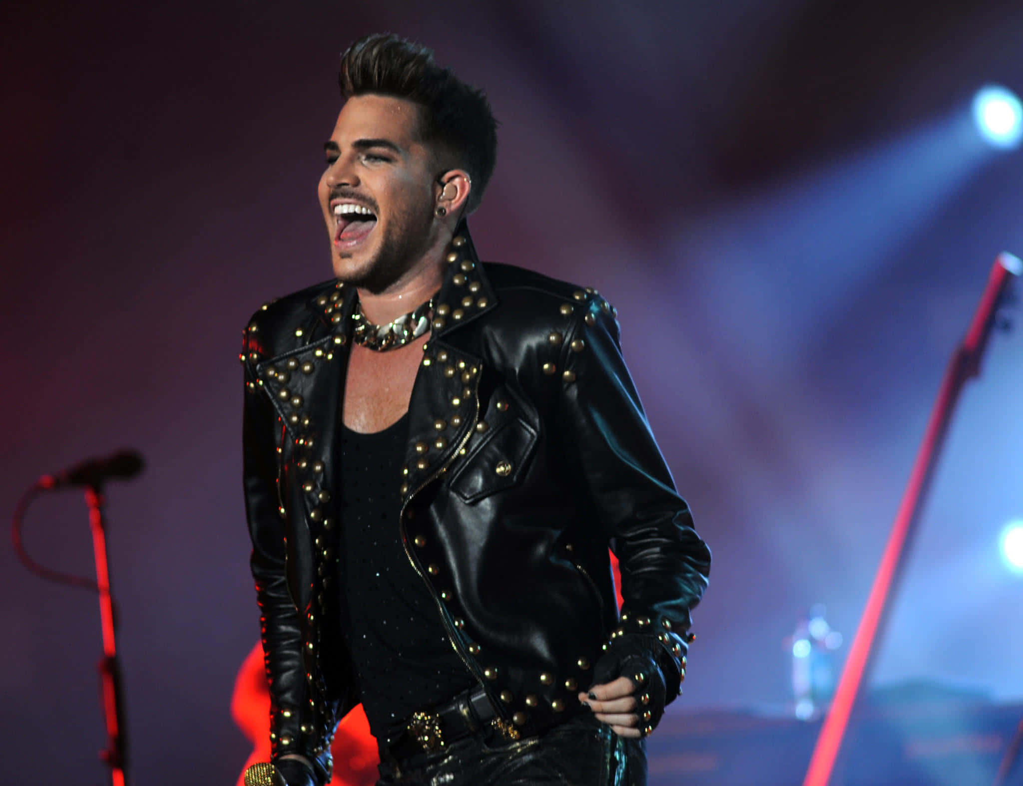 Adam Lambert, studded black leather jacket, brightly lit stage, Full HD Desktop Wallpaper