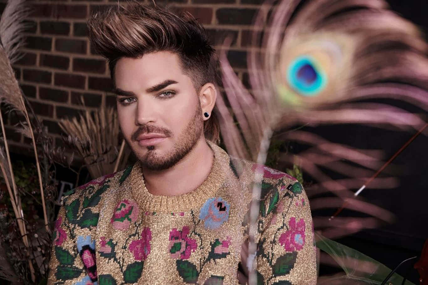 adam lambert, floral patterned sweater, brick wall, HD Desktop Wallpaper