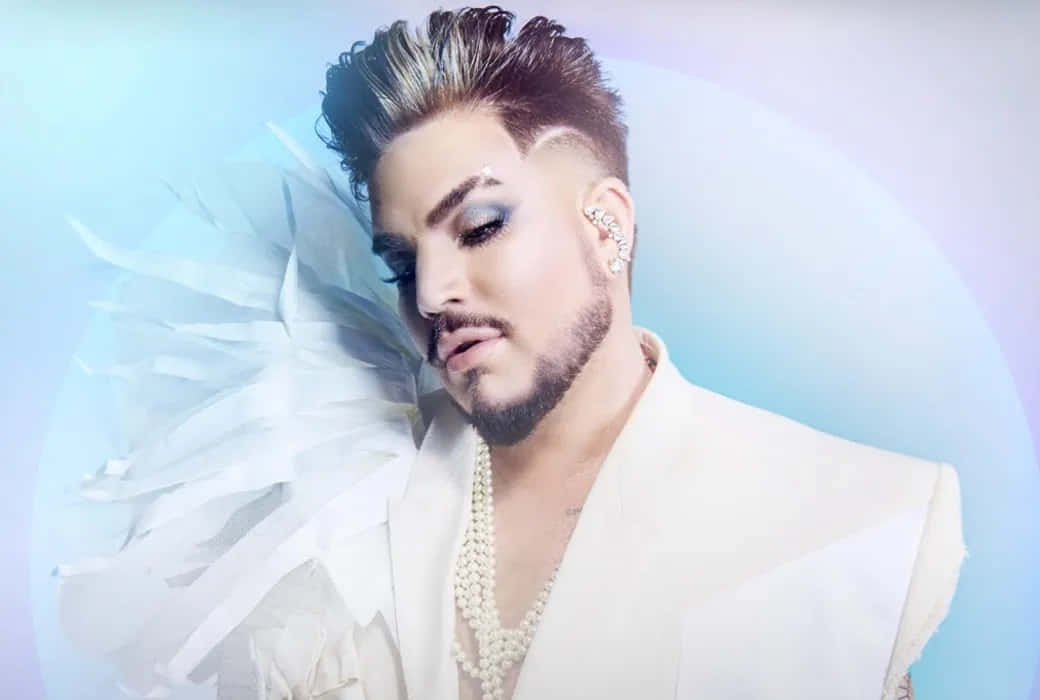 Adam Lambert, white feathered shoulderpiece, soft blue gradient background, SD Desktop Wallpaper