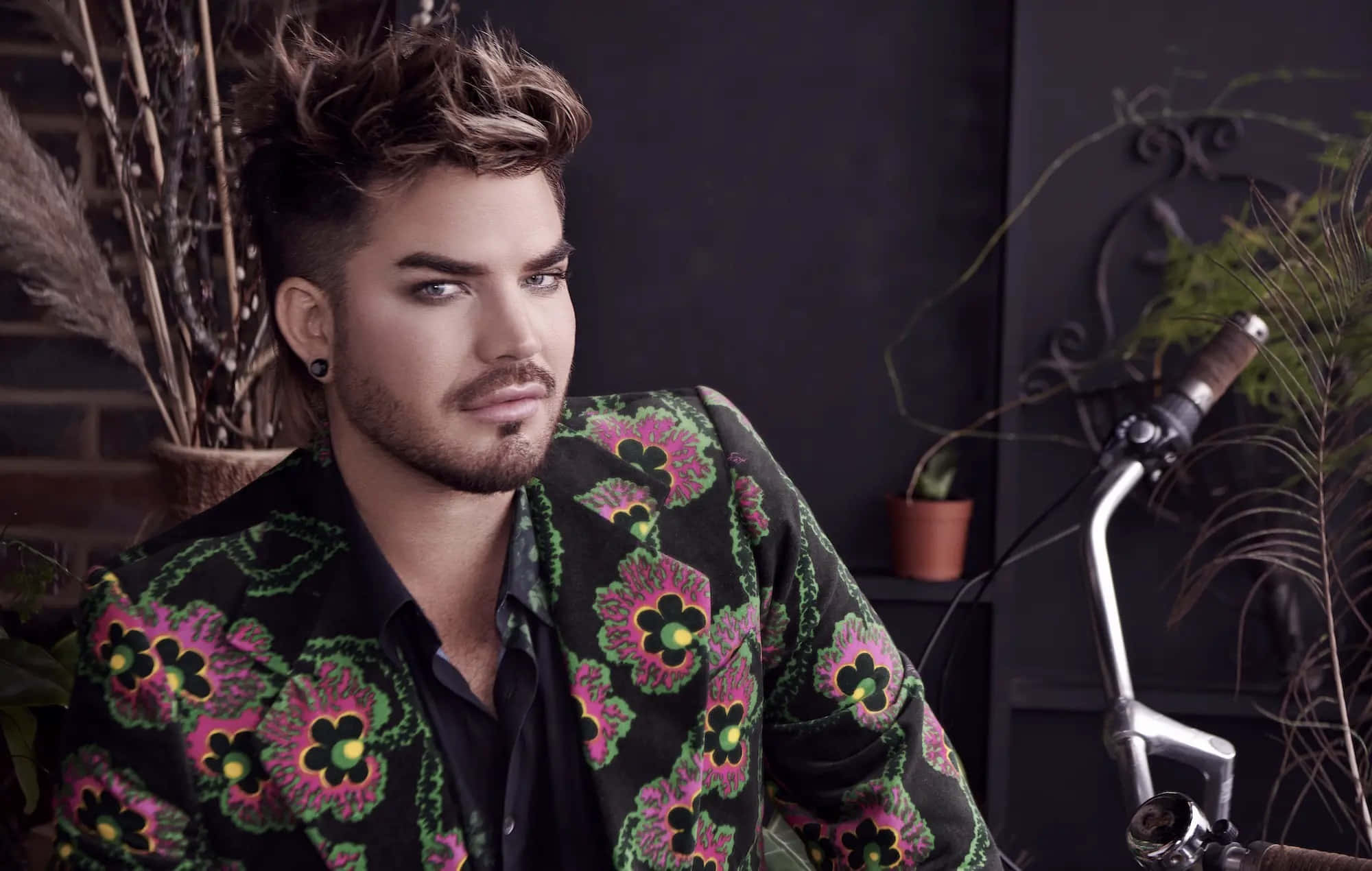 adam lambert, floral jacket, dark moody backdrop, Full HD Desktop Wallpaper