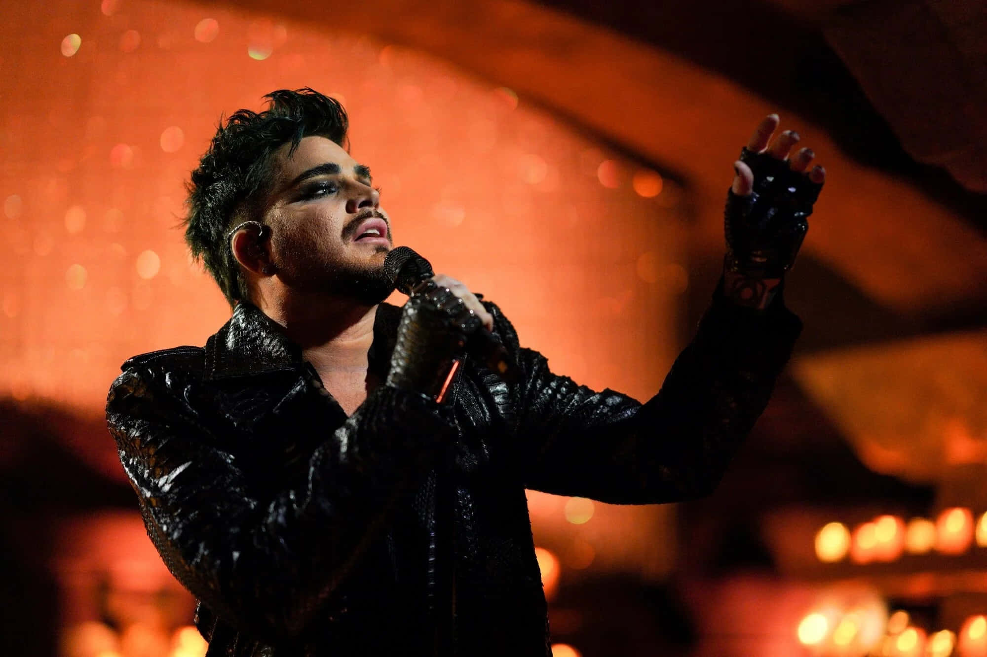 Adam Lambert, black leather jacket, warm orange lights, Full HD Desktop Wallpaper