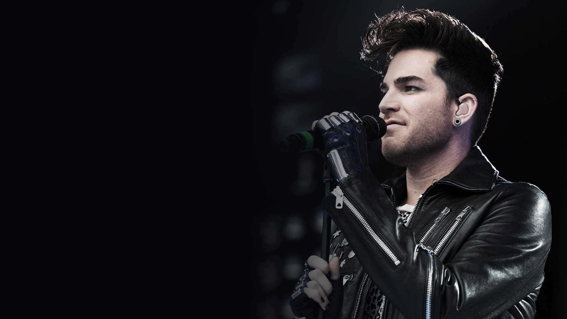 Adam Lambert, black leather jacket, microphone, Full HD Desktop Wallpaper