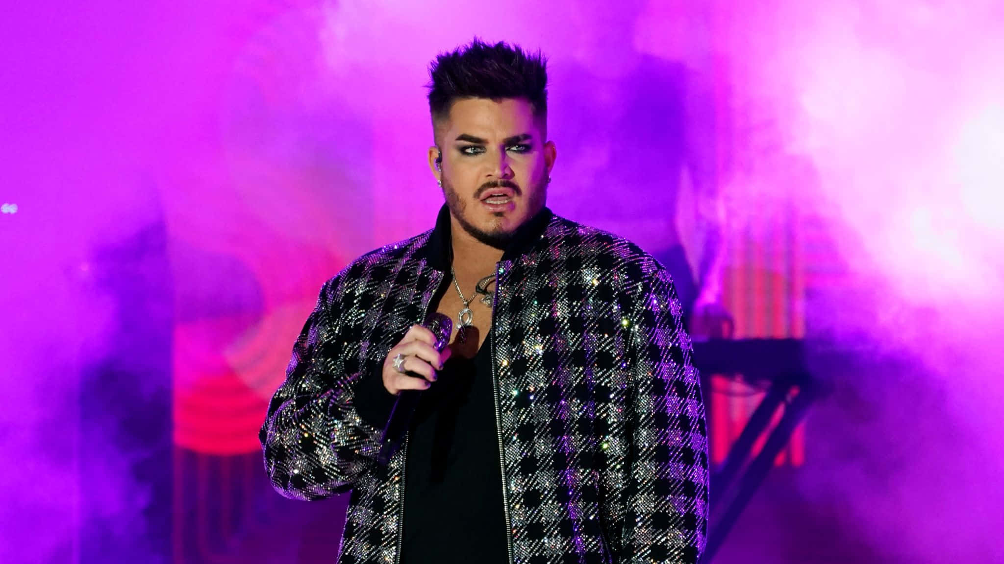 Adam Lambert, glittering black and white jacket, vibrant purple lights, Full HD Desktop Wallpaper