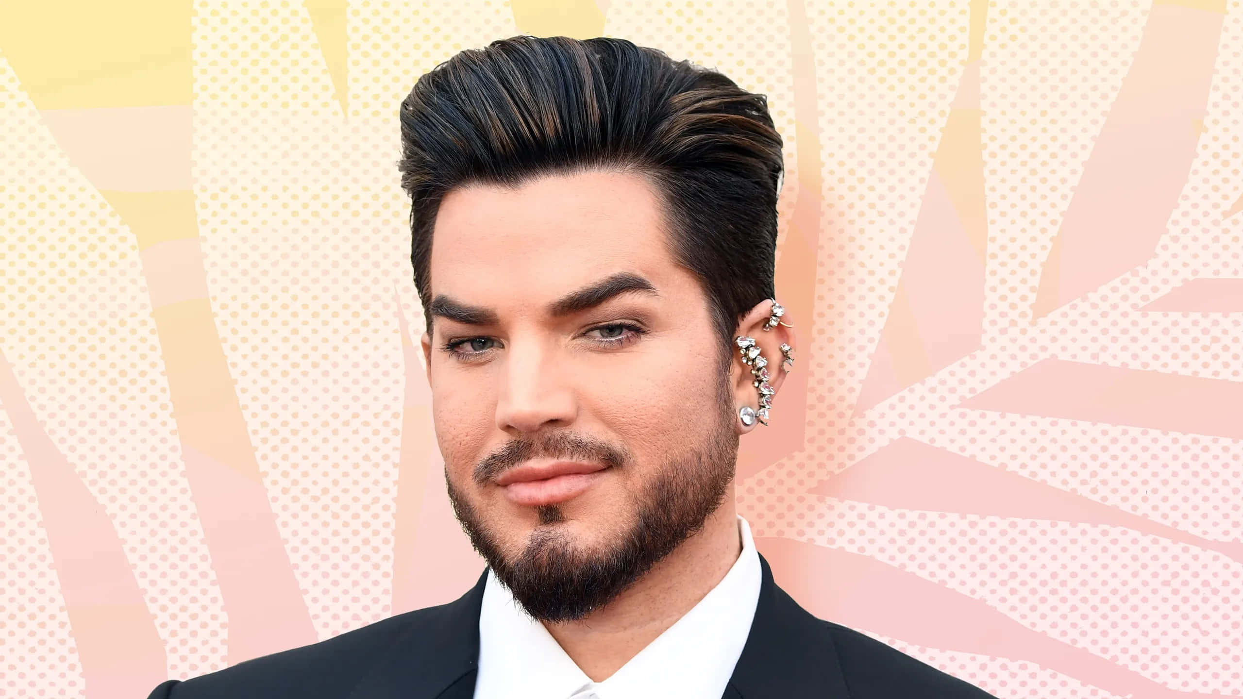 Adam Lambert, black suit, vibrant pink and yellow, 2K Desktop Wallpaper