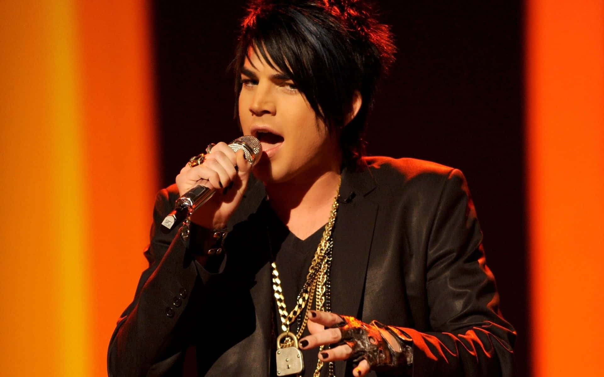 Adam Lambert, gold chains, warm orange stage lights, Full HD Desktop Wallpaper