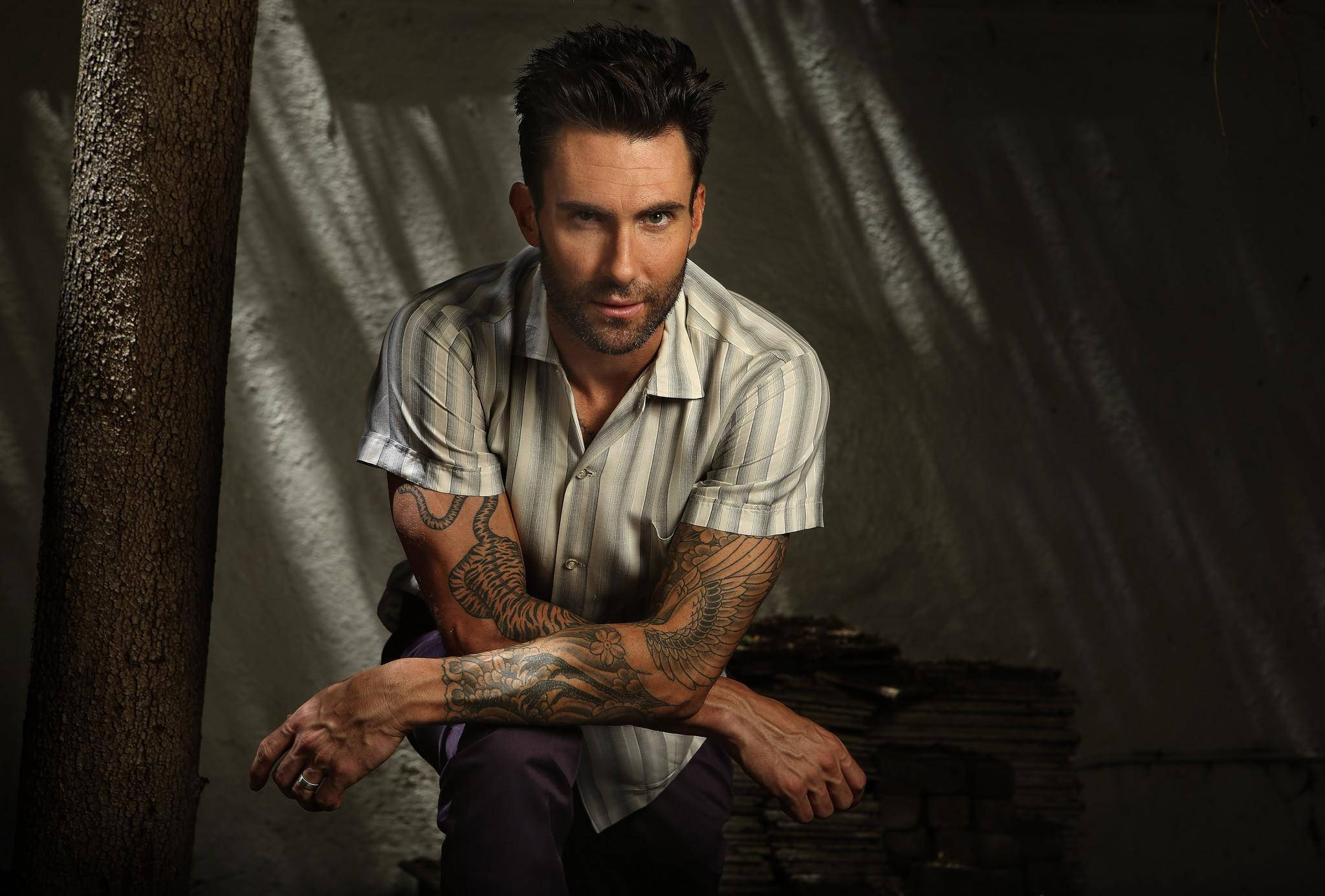 Adam Levine, black and white, tattoos, Full HD Desktop Wallpaper