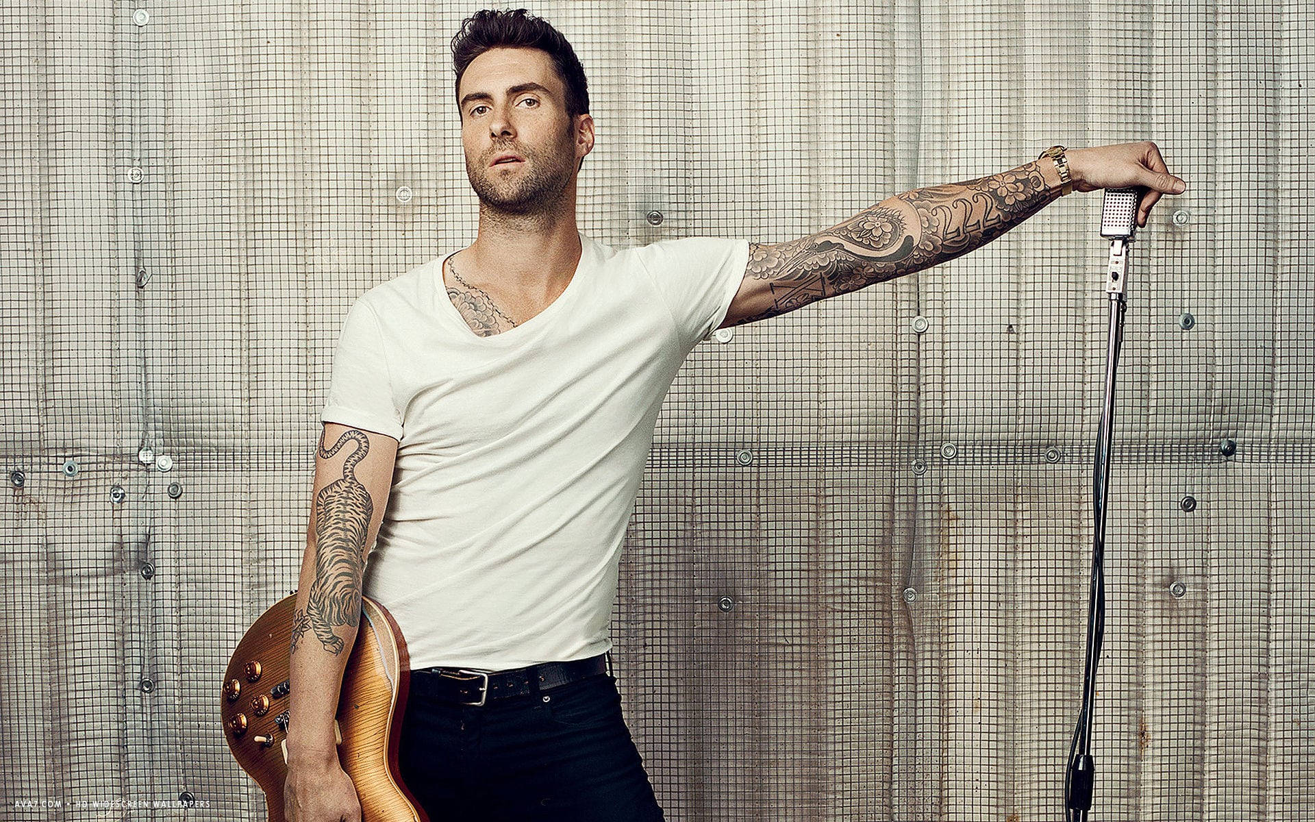 Adam Levine, white tee, guitar, Full HD Desktop Wallpaper