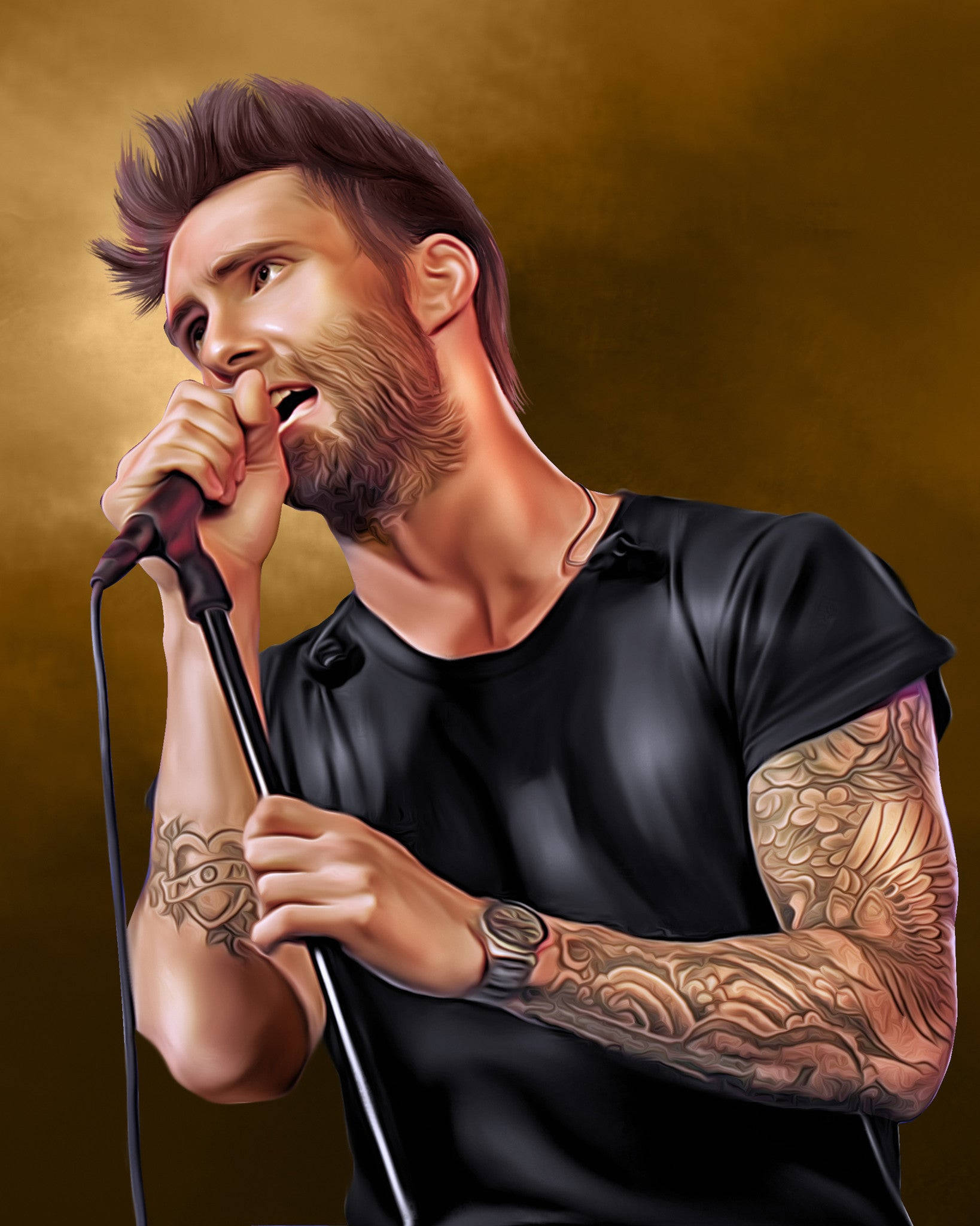 Adam Levine, tattooed male singer, microphone, Full HD Phone Wallpaper