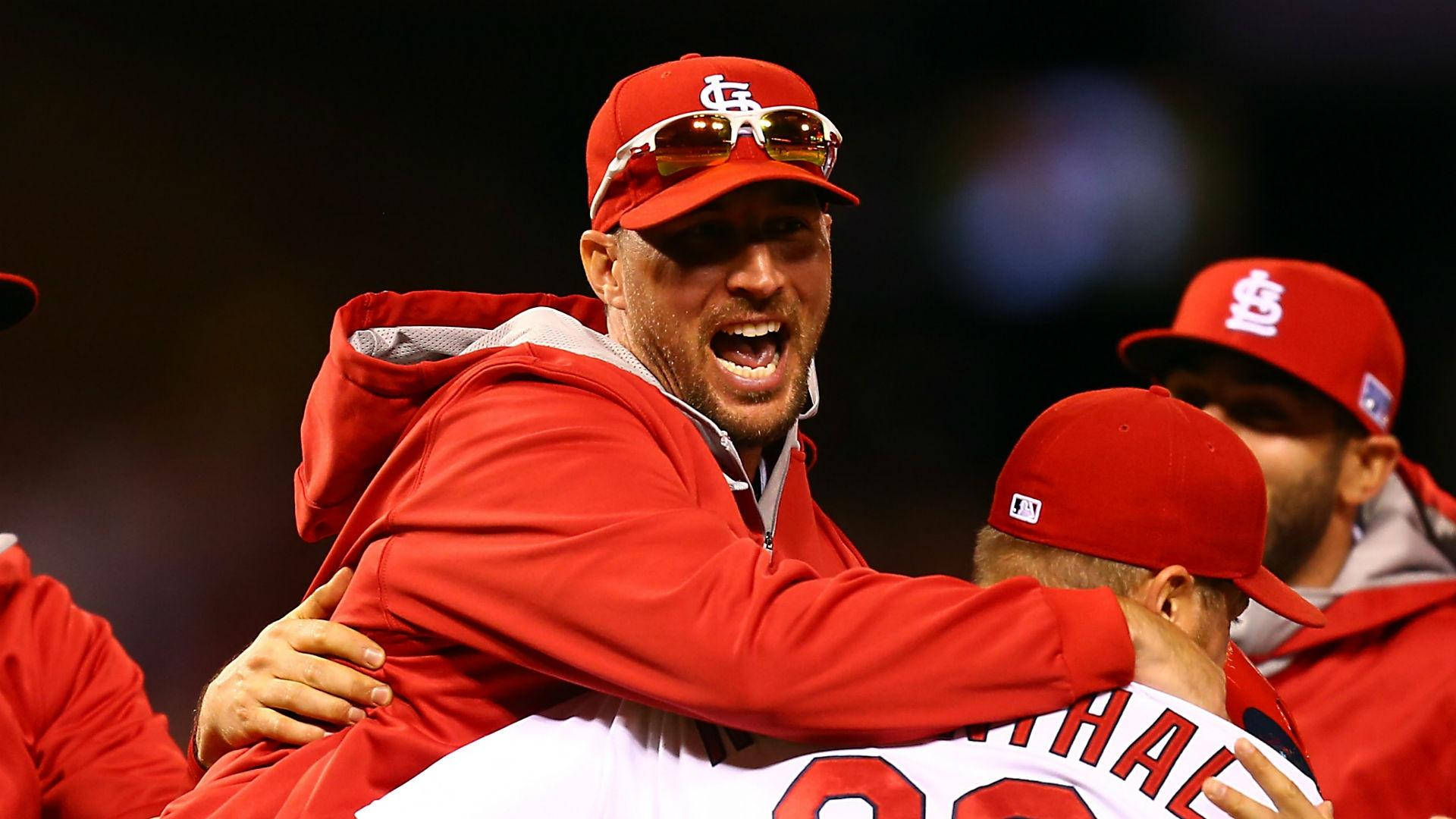 Adam Wainwright, red jacket, nighttime game, Full HD Desktop Wallpaper