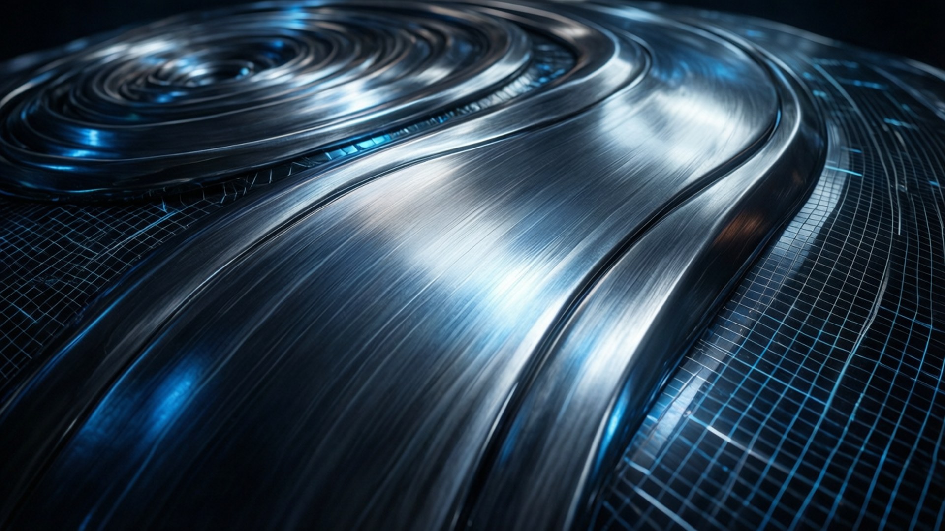 polished adamantium texture, glowing blue light, dark grid background, Full HD Desktop Wallpaper