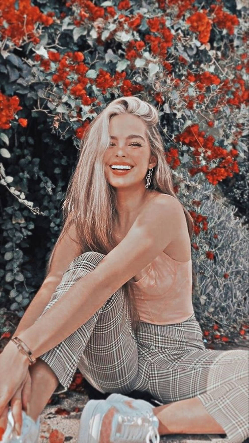 Addison Rae, plaid pants, vibrant red flowering bushes, HD Phone Wallpaper