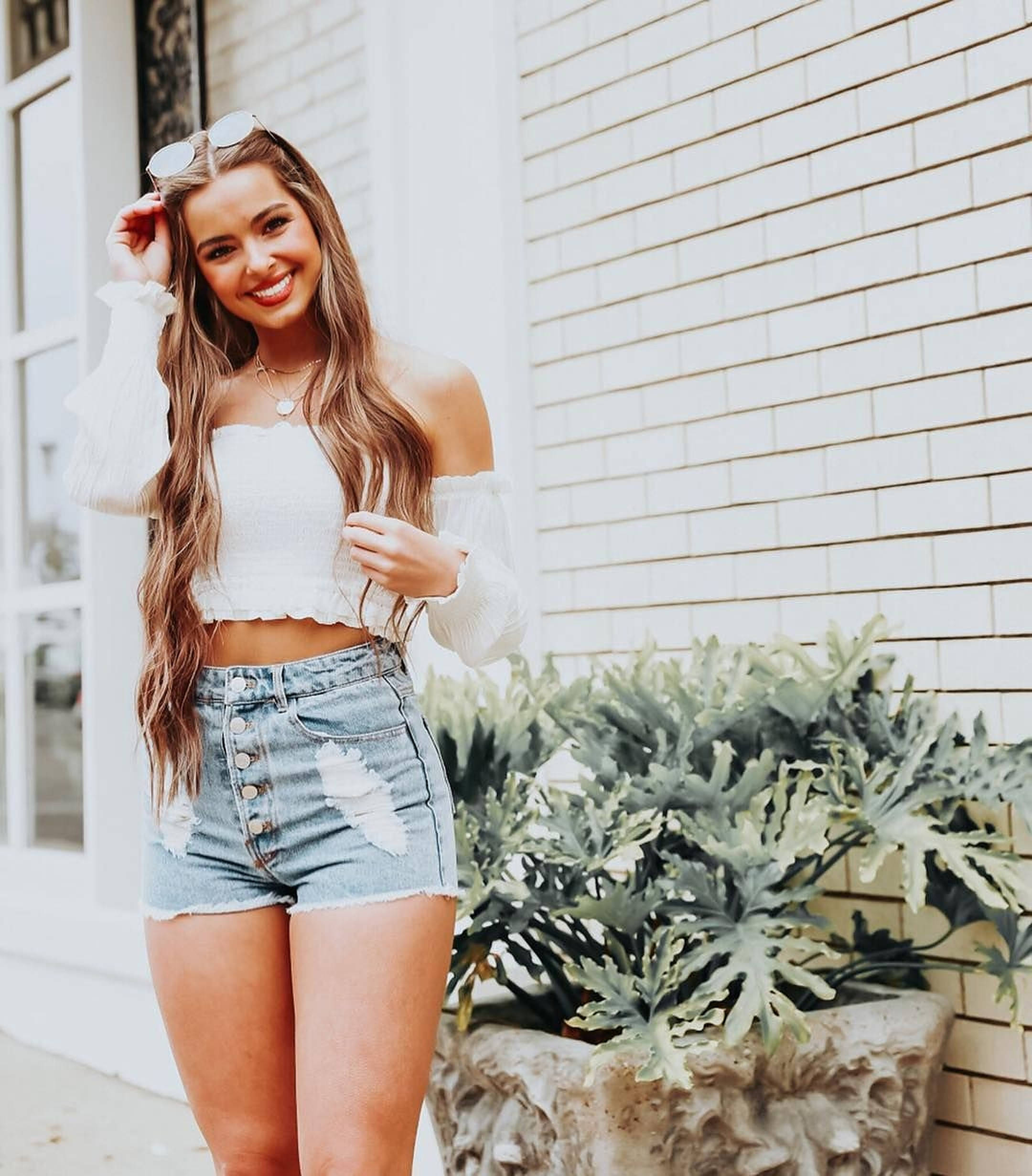 Addison Rae, white off-shoulder top, ripped denim shorts, Full HD Phone Wallpaper
