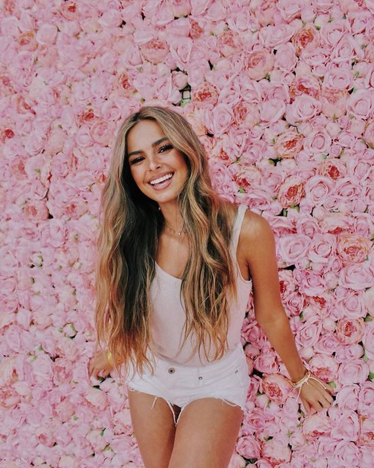 Addison Rae, pink roses, vibrant wall, Full HD Phone Wallpaper