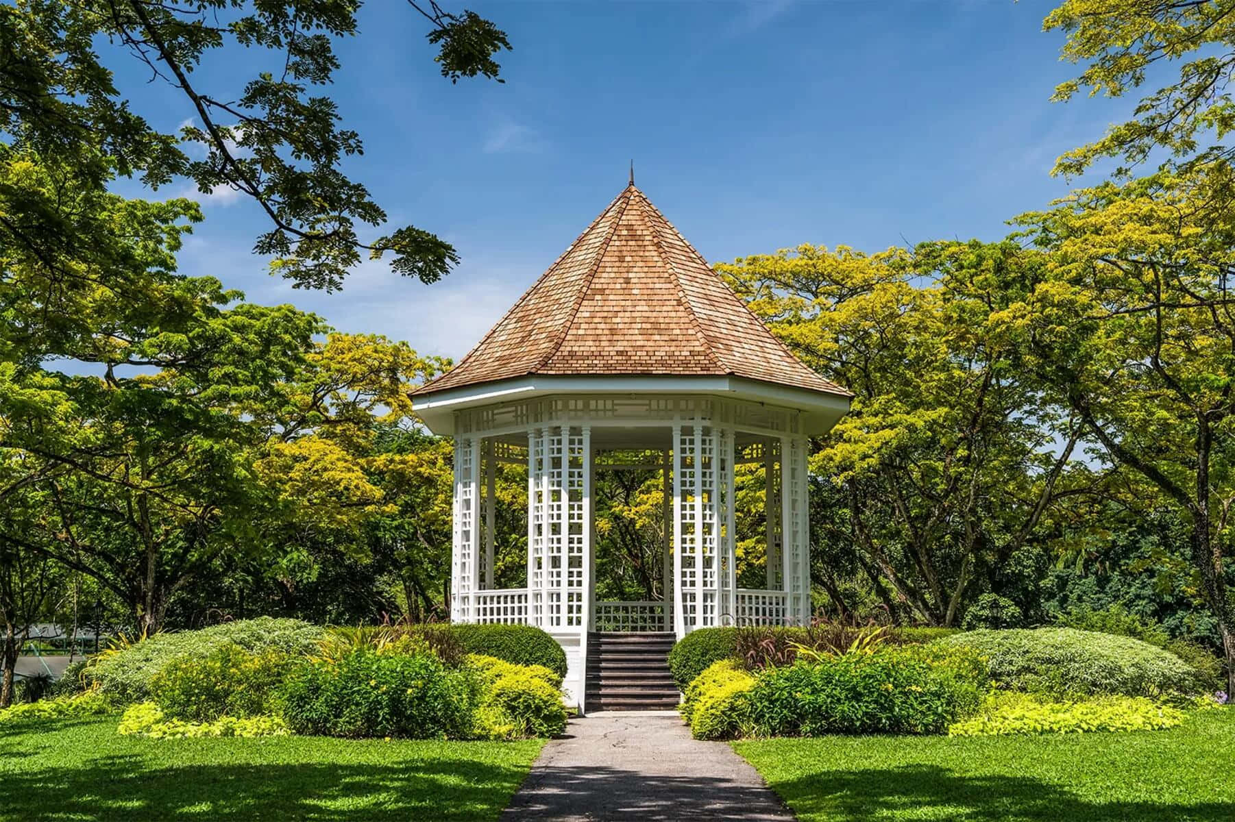 Adelaide Botanic Garden, pavilion, white wooden gazebo, HD Desktop Wallpaper