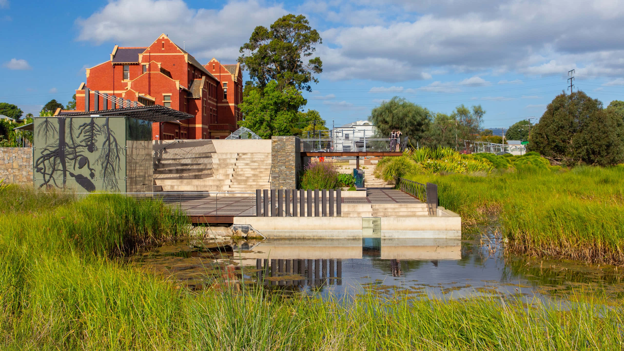Adelaide Botanic Garden, wetland area, red brick building, 2K Desktop Wallpaper