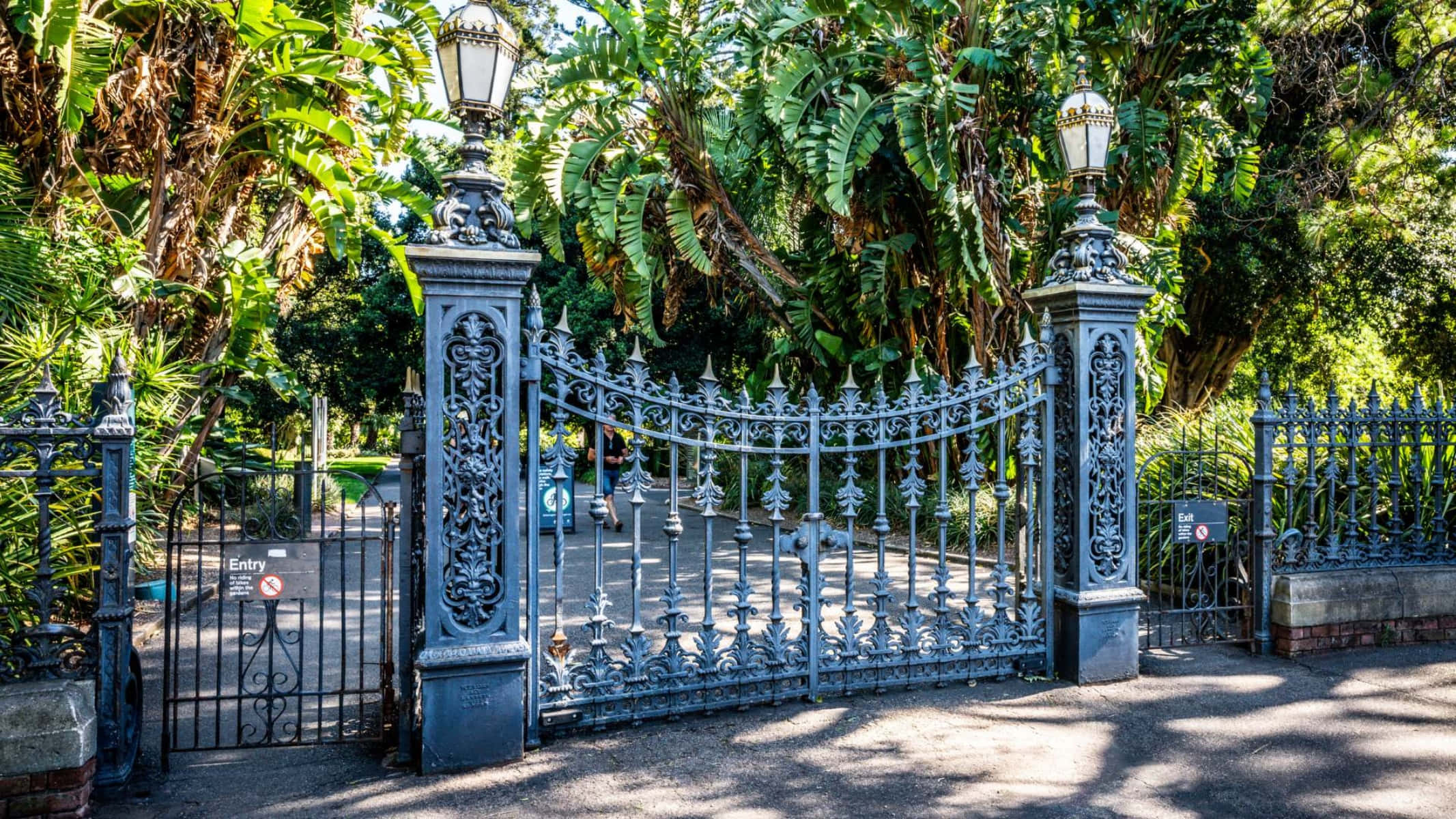 Adelaide Botanic Garden, ornate blue wrought iron gate, vintage lanterns, Full HD Desktop Wallpaper
