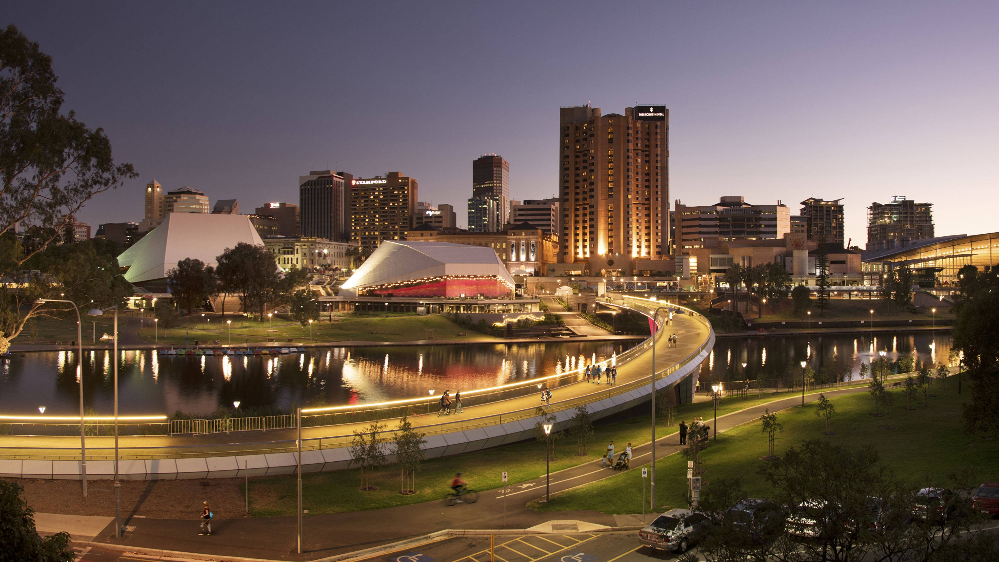 Adelaide Festival Centre, twilight cityscape, modern buildings, 4K Desktop Wallpaper