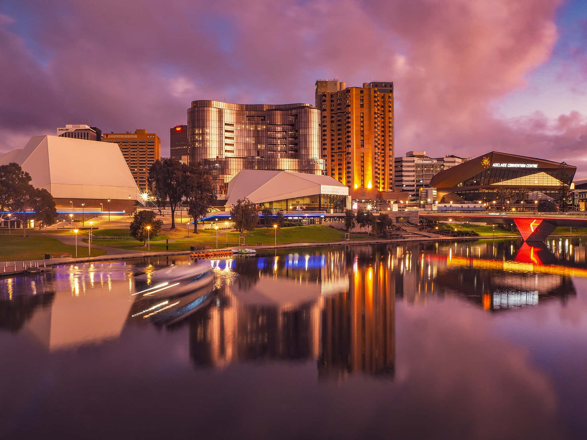 Adelaide Festival Centre, dusk, calm water, Full HD Desktop Wallpaper