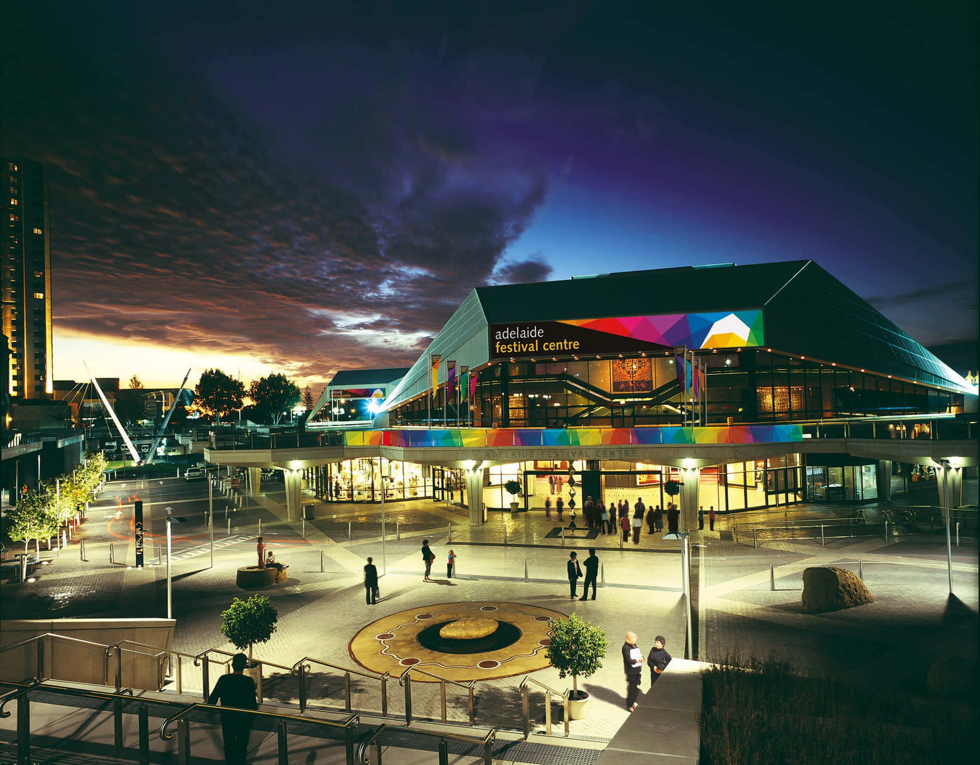 Adelaide Festival Centre, night view, rainbow-colored lighting, Full HD Desktop Wallpaper
