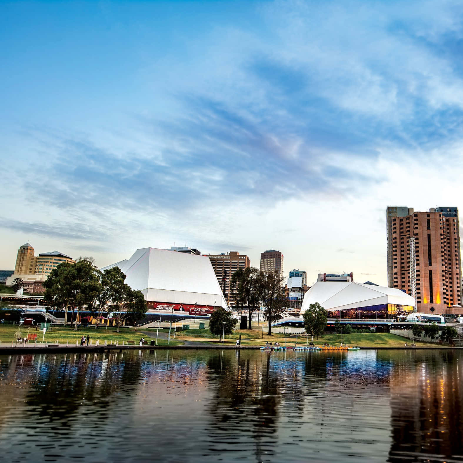 Adelaide Festival Centre, dusk, white domed buildings, HD Desktop Wallpaper