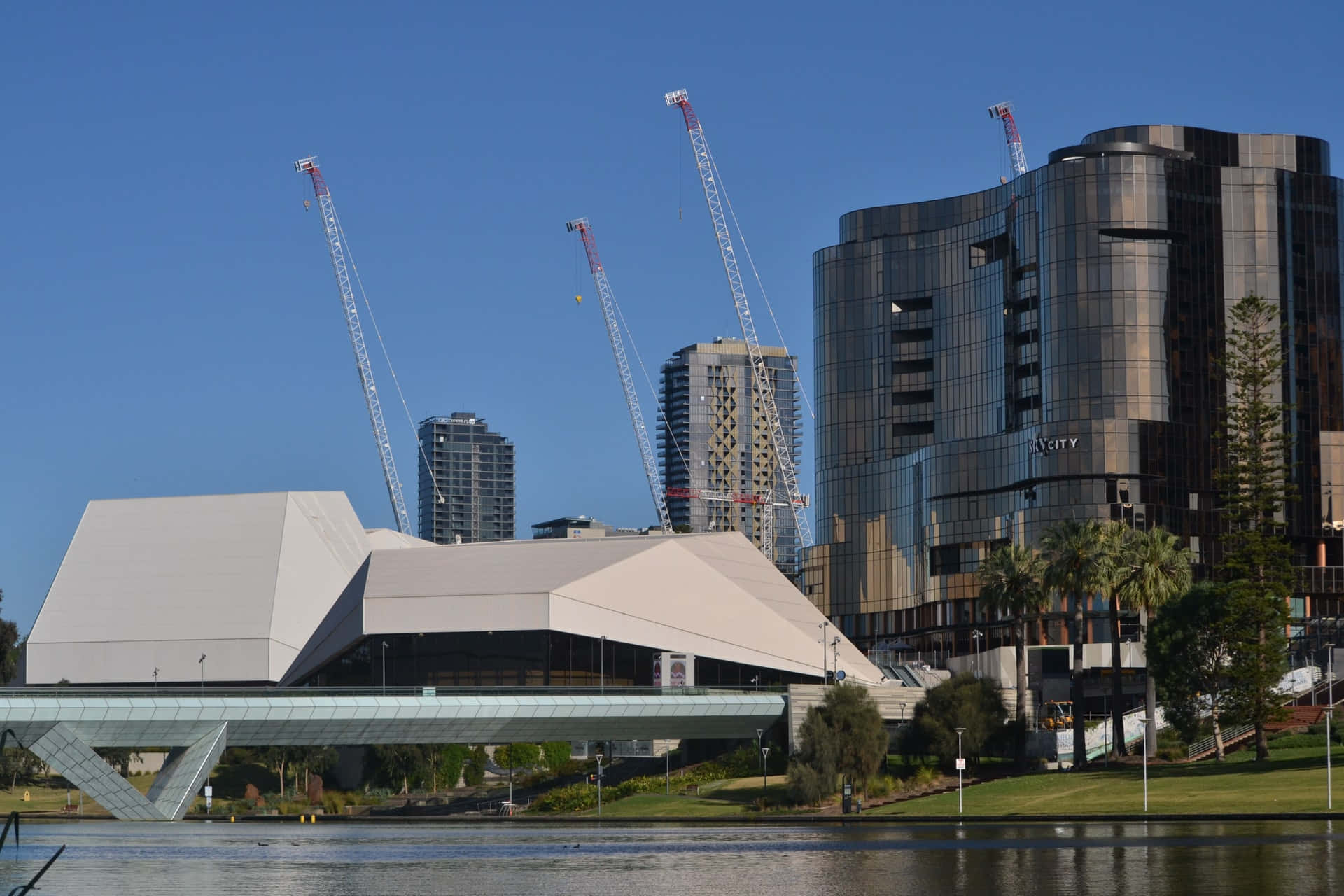 Adelaide Festival Centre, riverside view, modern glass skyscraper, Full HD Desktop Wallpaper