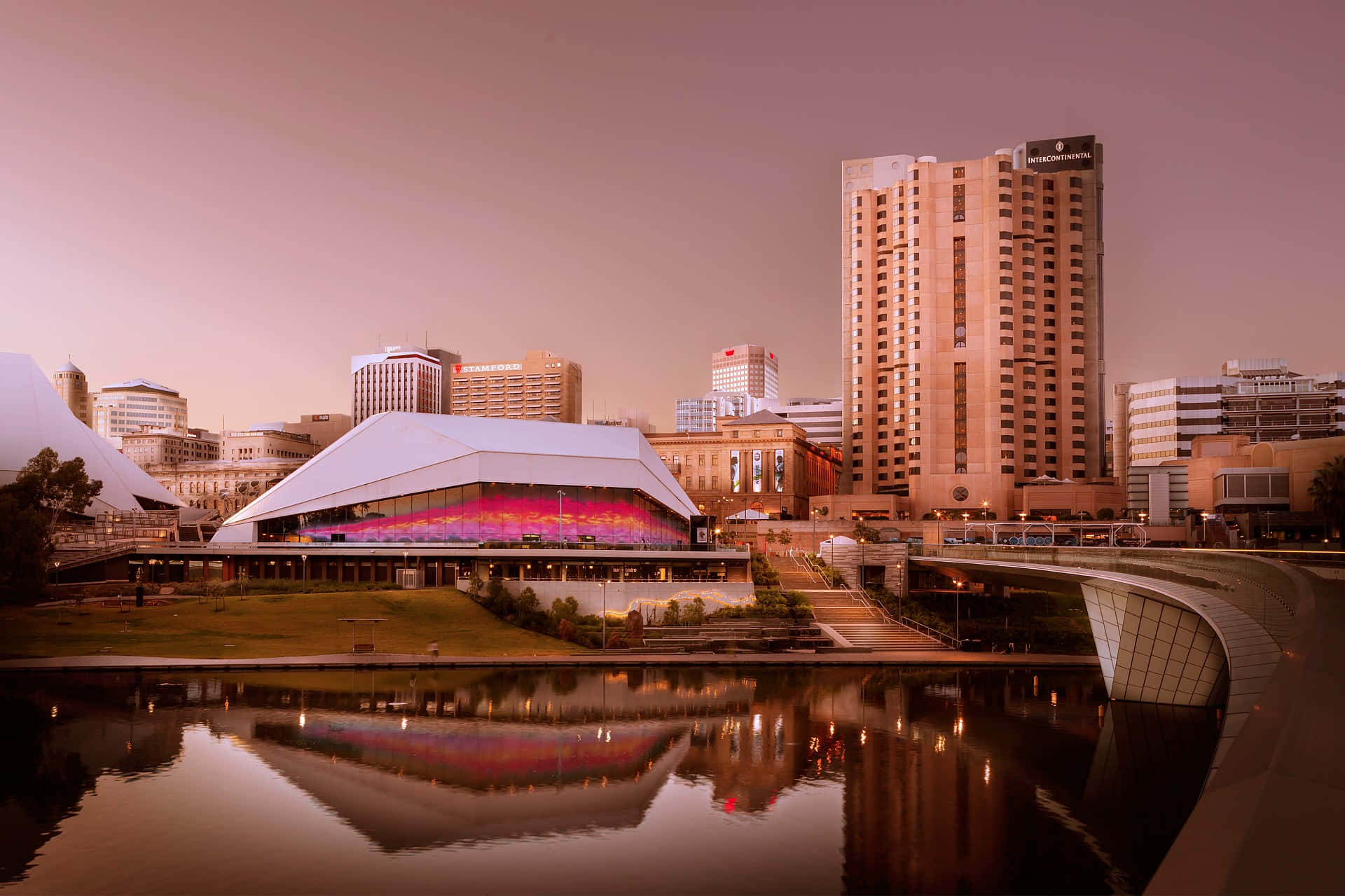 Adelaide Festival Centre, dusk, calm water, Full HD Desktop Wallpaper