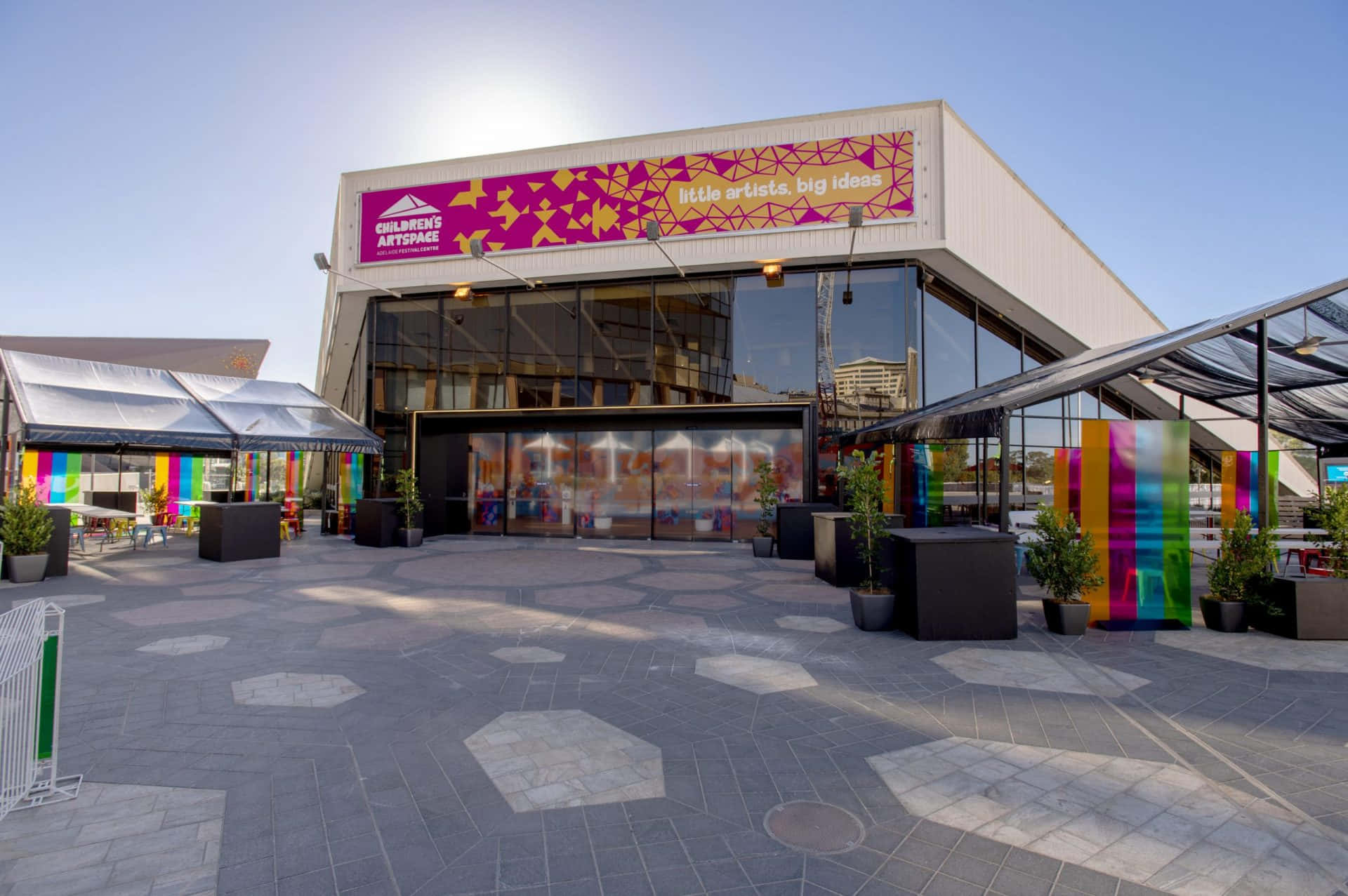 Adelaide Festival Centre, little artists big ideas, vibrant pink and yellow signage, Full HD Desktop Wallpaper