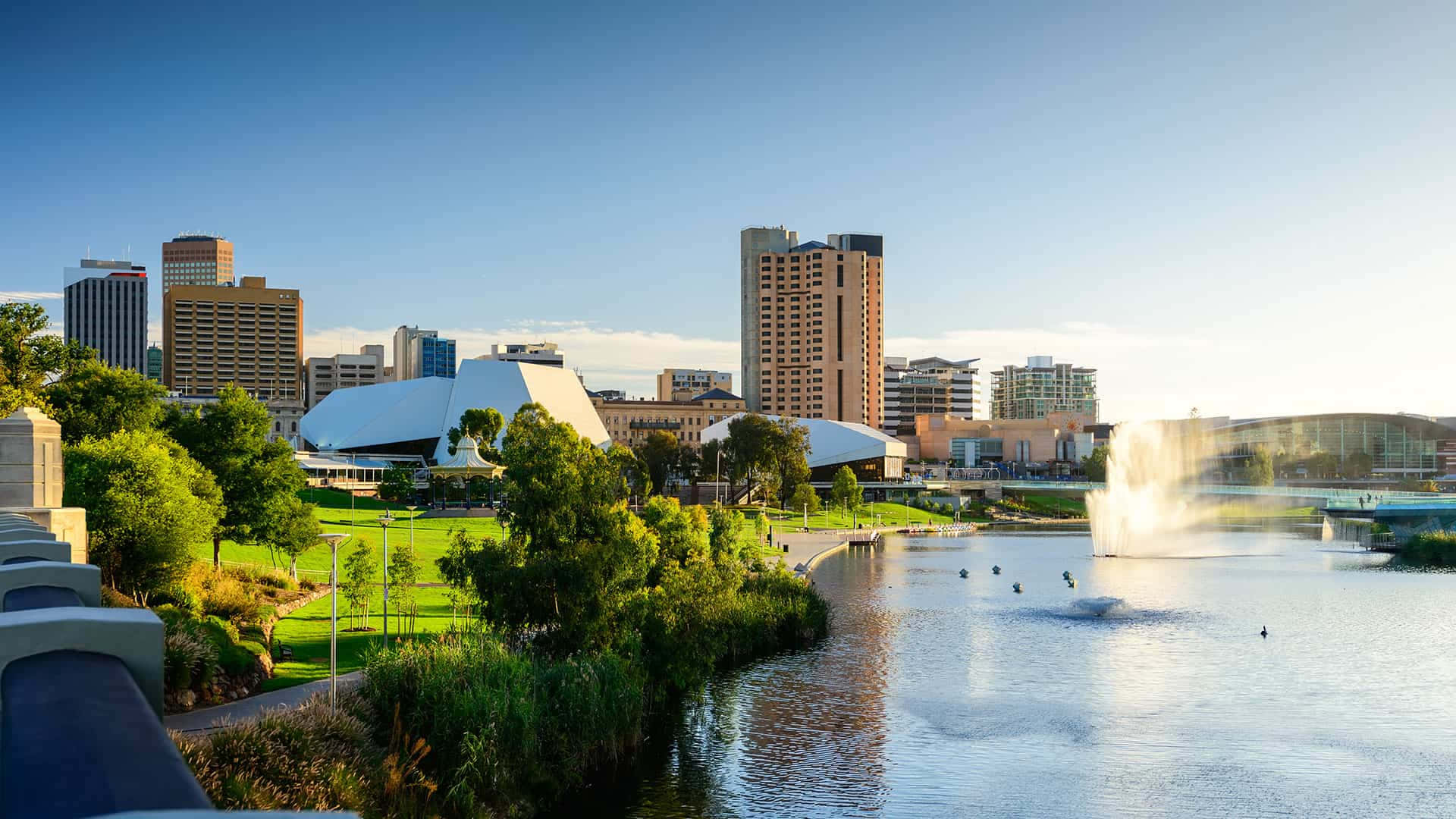 Adelaide Festival Centre, riverbank panorama, sunrise, Full HD Desktop Wallpaper