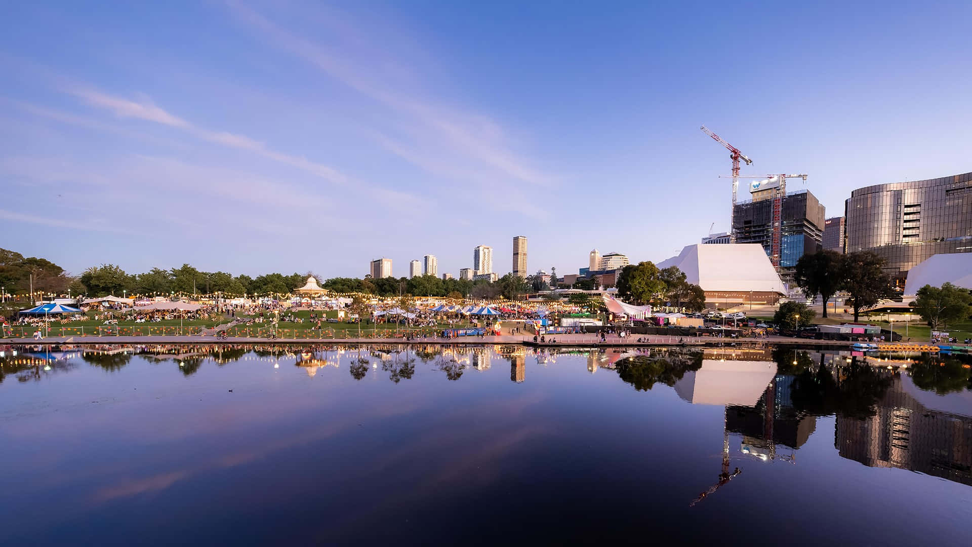 Adelaide Festival Centre, skyline reflection, urban lake, Full HD Desktop Wallpaper