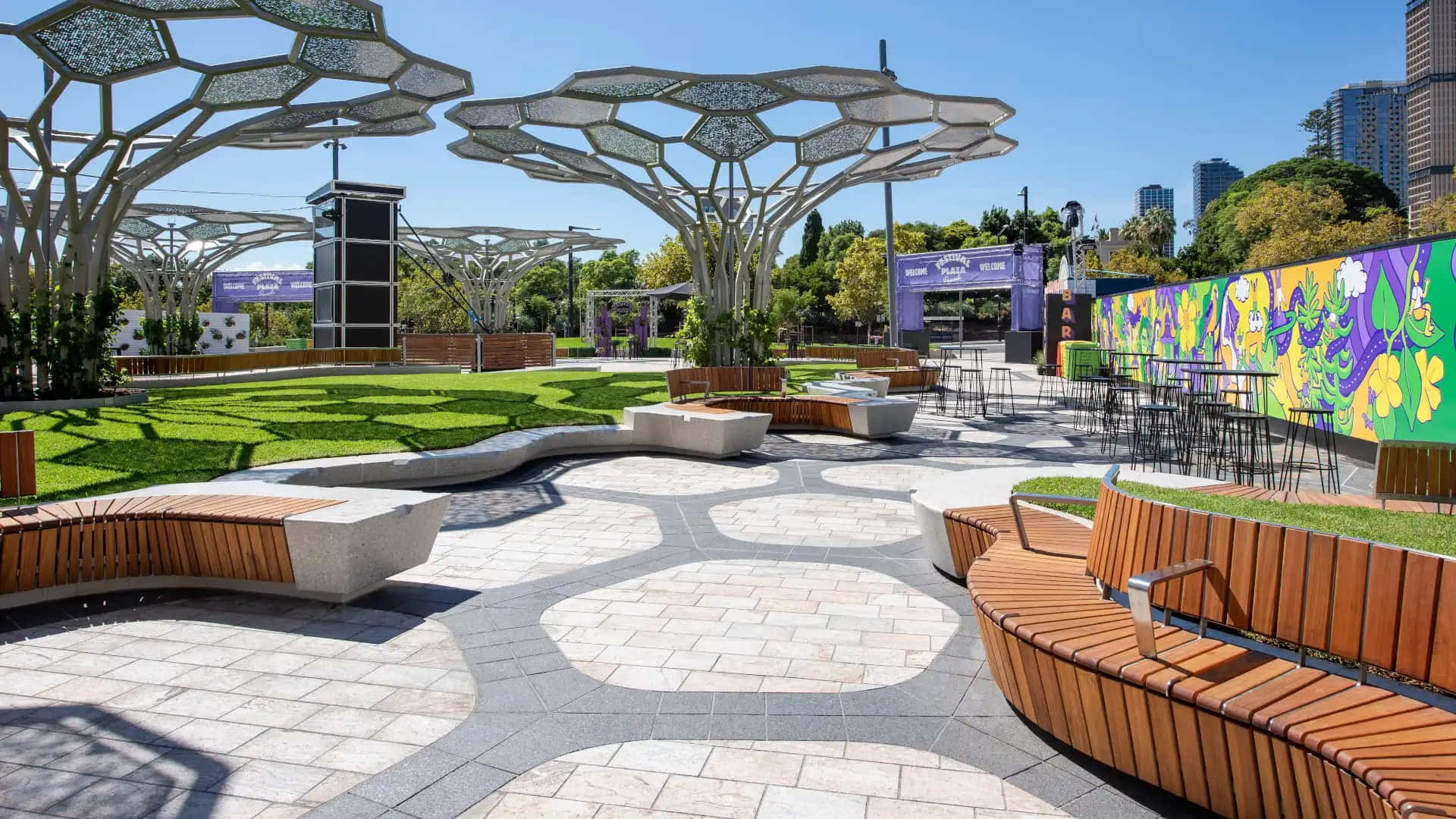 Adelaide Festival Centre, outdoor area, curved wooden benches, Full HD Desktop Wallpaper